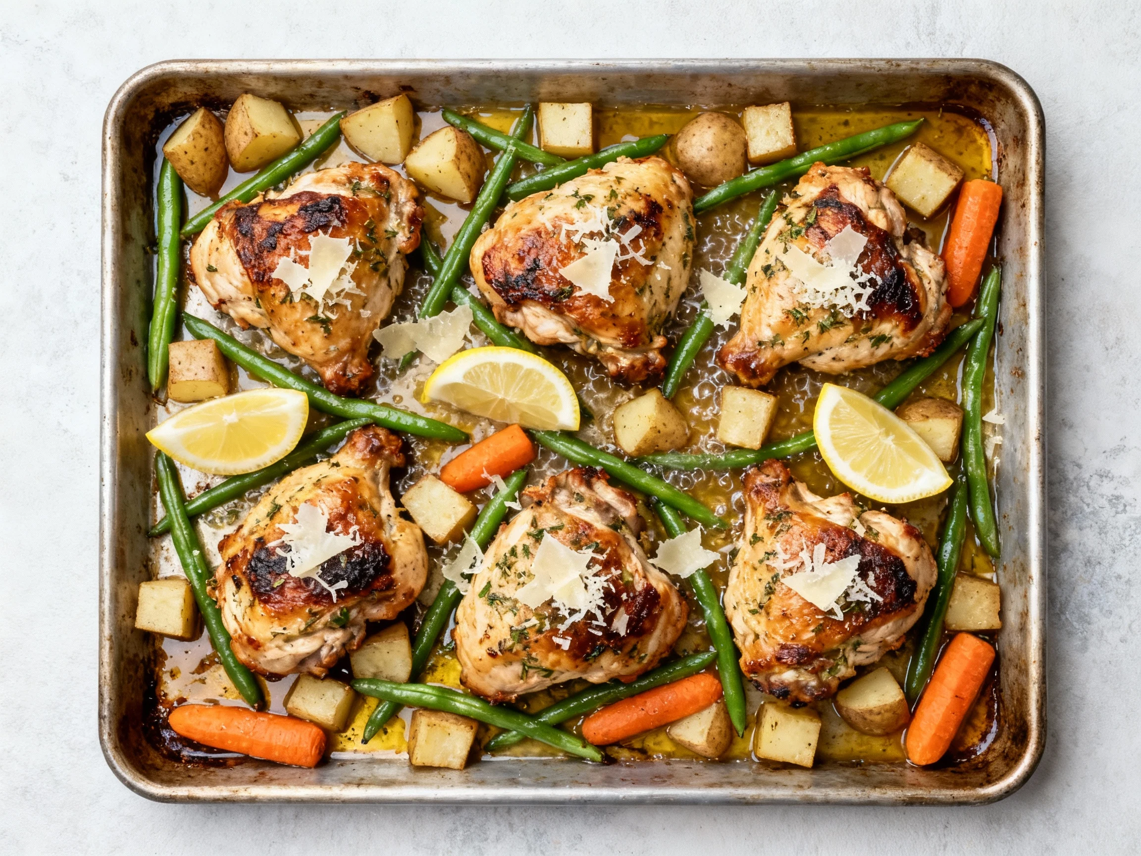 Food photography, Overhead shot of a sheet pan during the broil finish: lemon-herb roasted chicken thighs with green bea