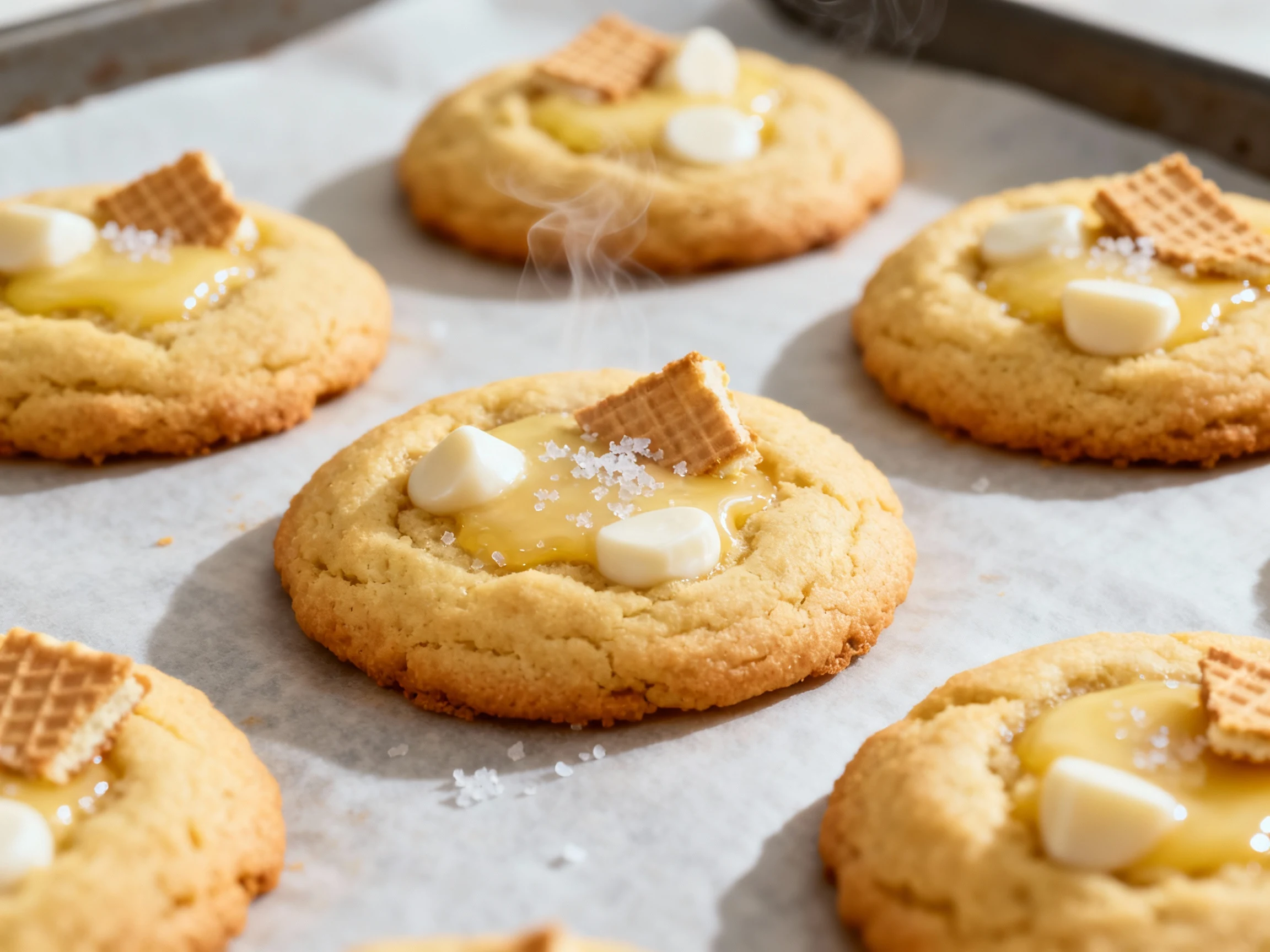 Food photography, 1. Cooking process: Just-baked banana pudding cookies on a parchment-lined sheet, golden domed with sl