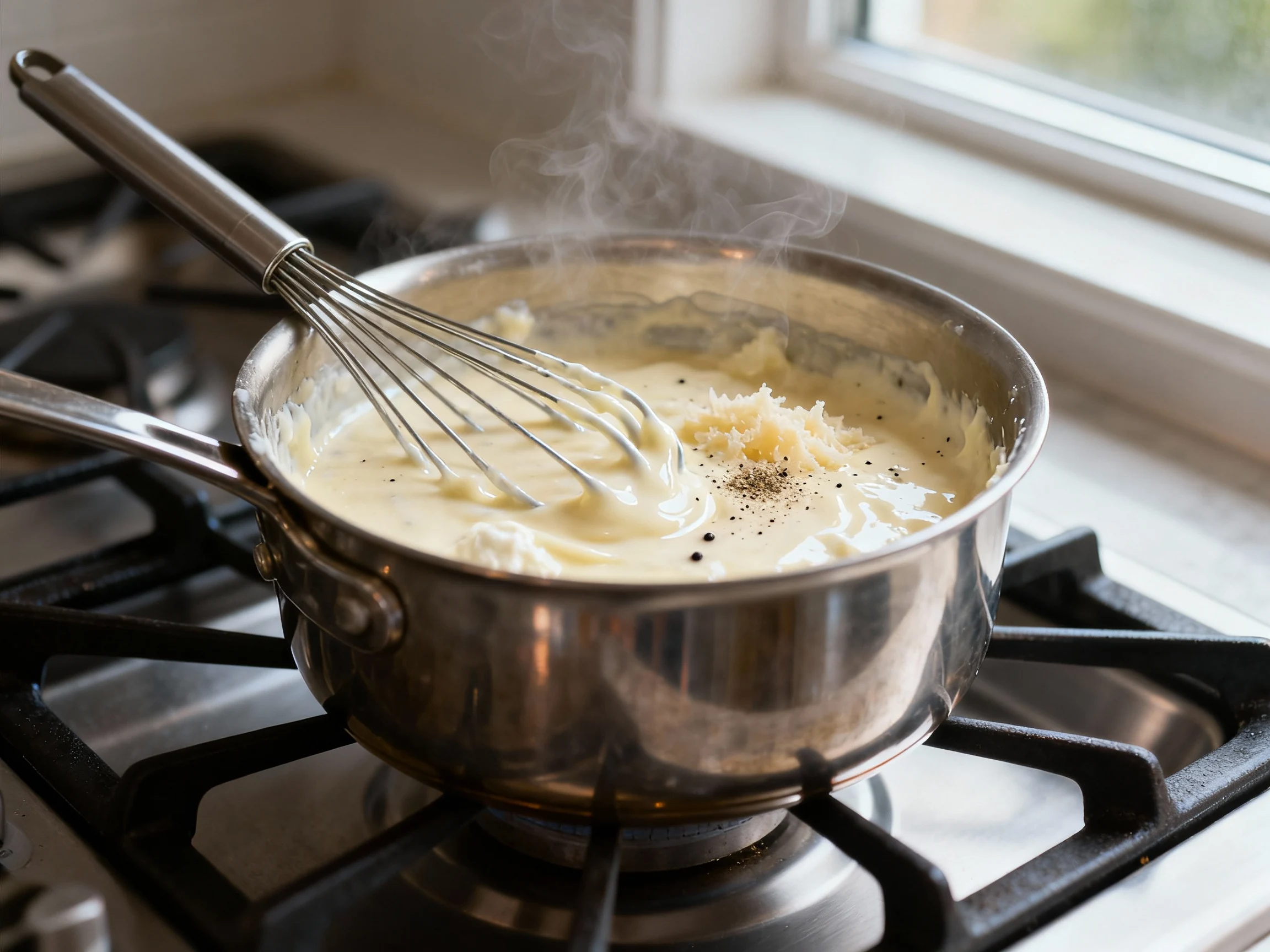 Food photography, Close-up of glossy cottage cheese Alfredo-style sauce being gently whisked in a small stainless saucep