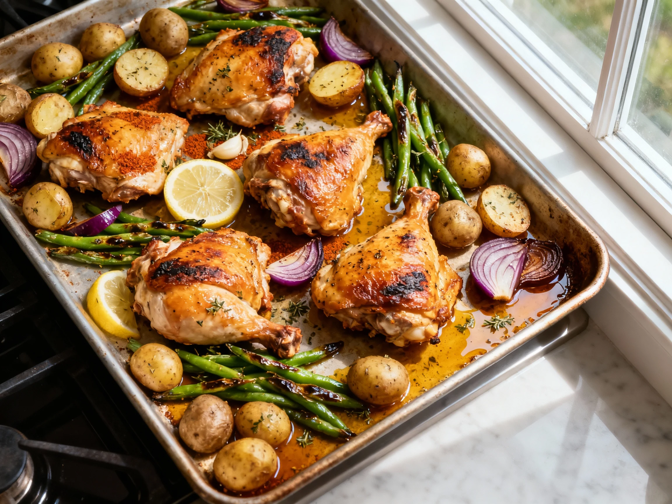 Food photography, Overhead shot of the finished sheet pan just out of a 425°F roast: bone-in, skin-on chicken thighs ski