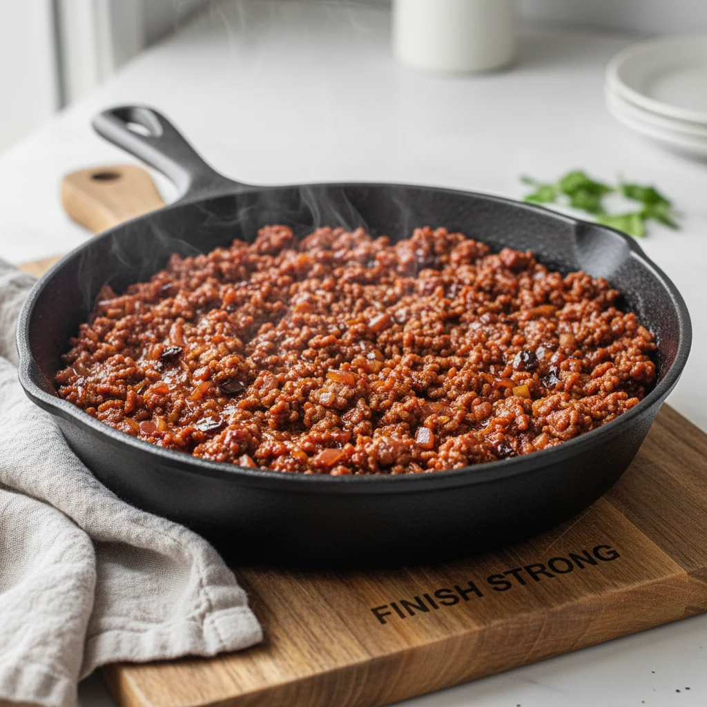 Food photography, Close-up of smoky chipotle beef mince sizzling in a cast-iron skillet at the “finish strong” step—glos