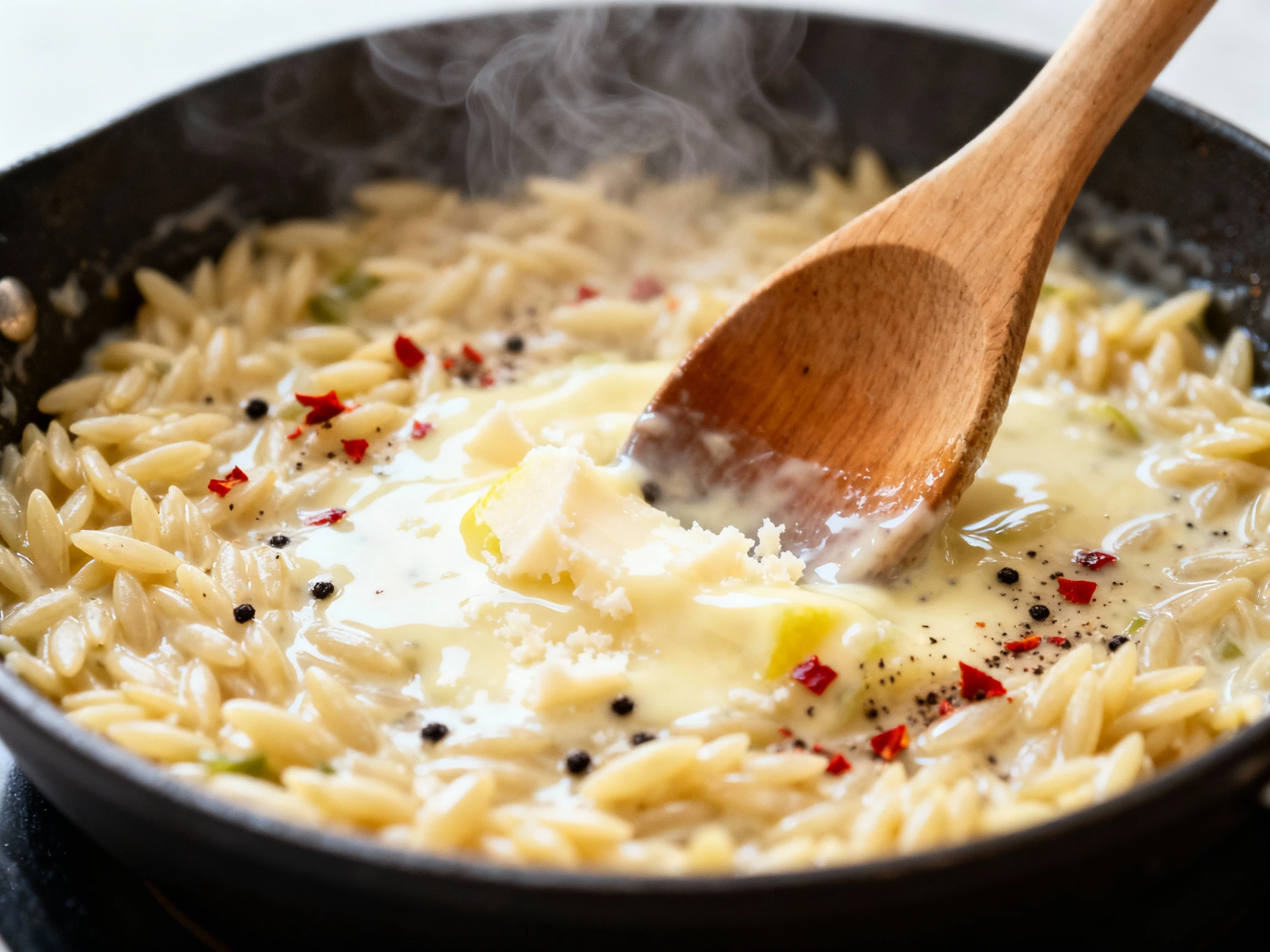 Food photography, Close-up process shot: creamy lemon-garlic orzo in a small skillet as Parmesan melts in, glossy sauce 