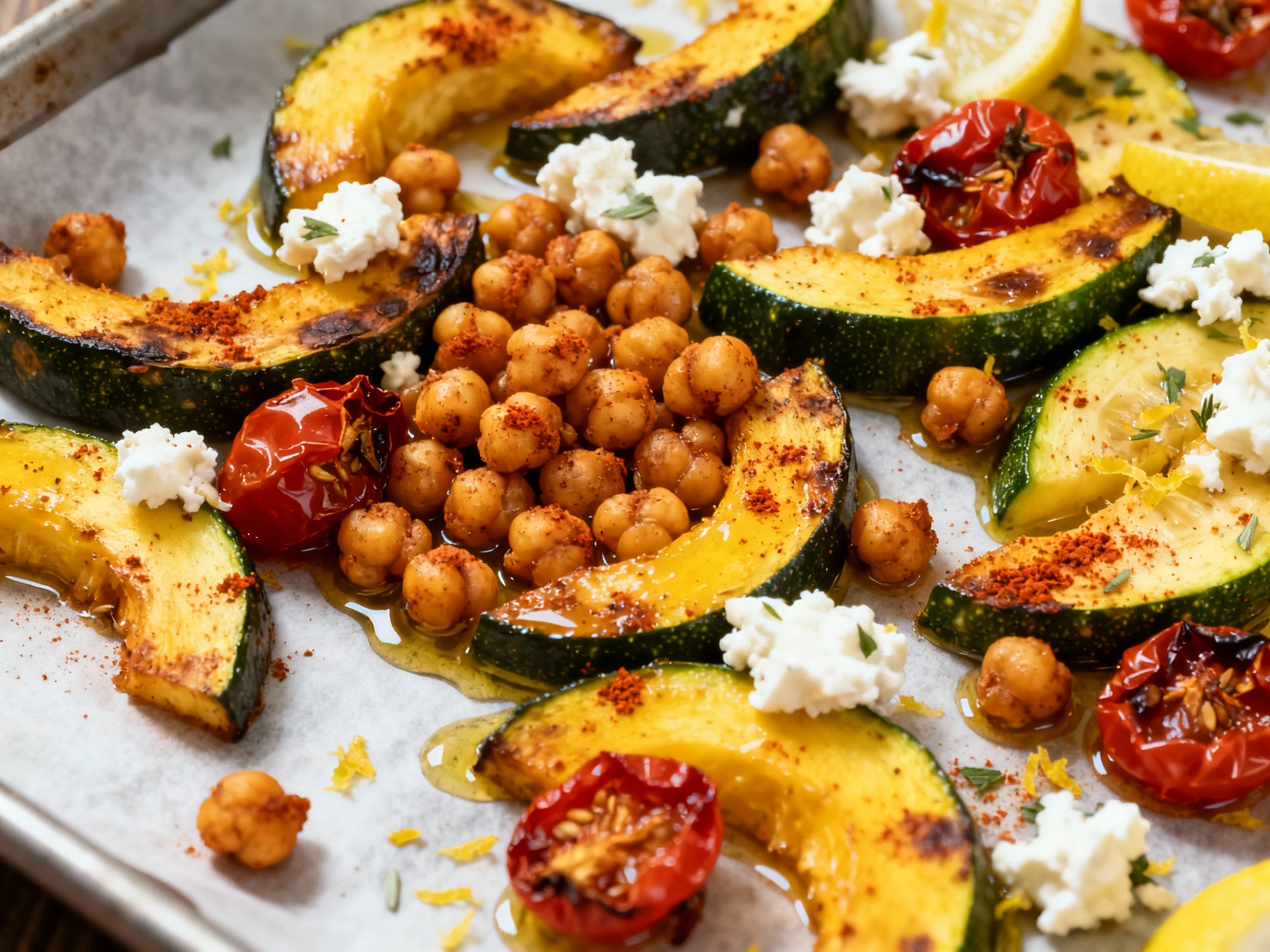 Food photography, 1. Close-up of crispy chickpeas nestled among bronzed zucchini and yellow squash half-moons, dusted wi
