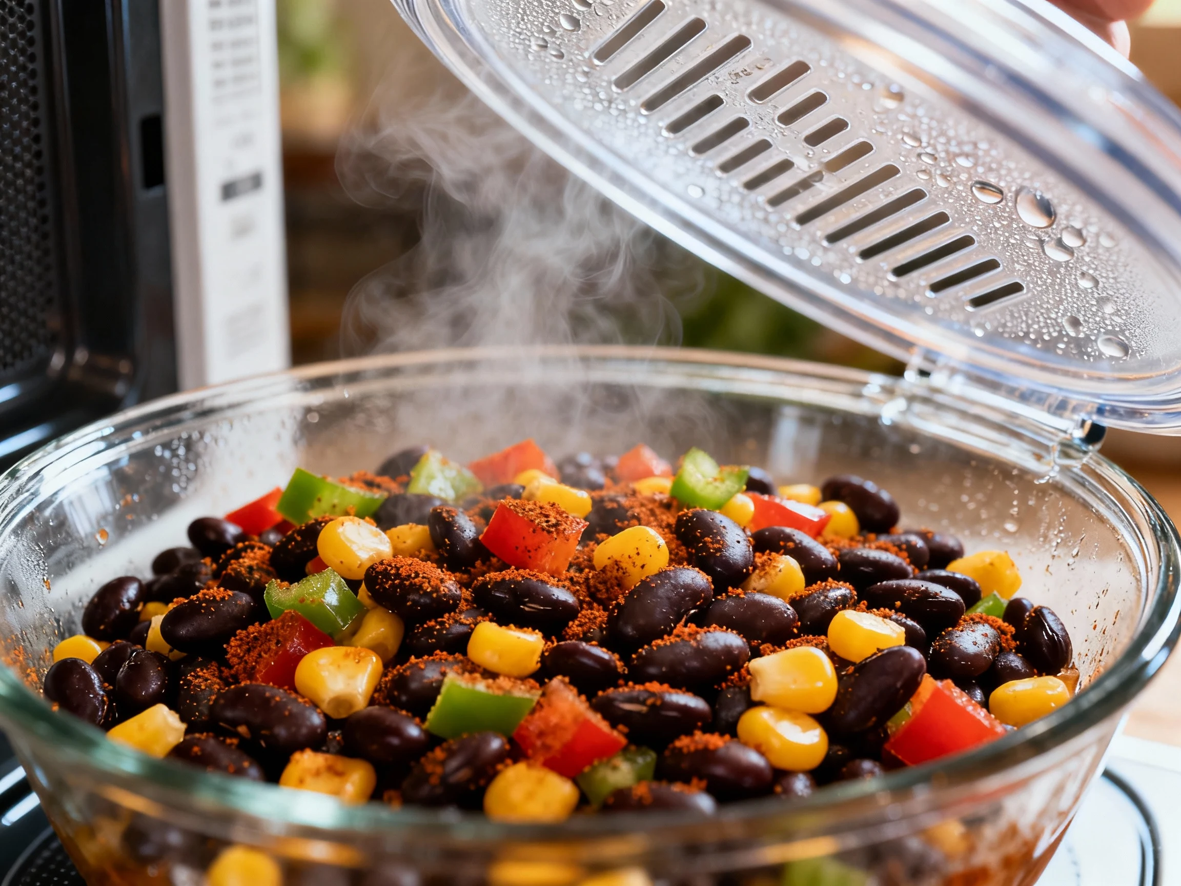 Food photography, Cooking process shot: close-up of a microwave-safe glass bowl just out of the microwave, steamed black