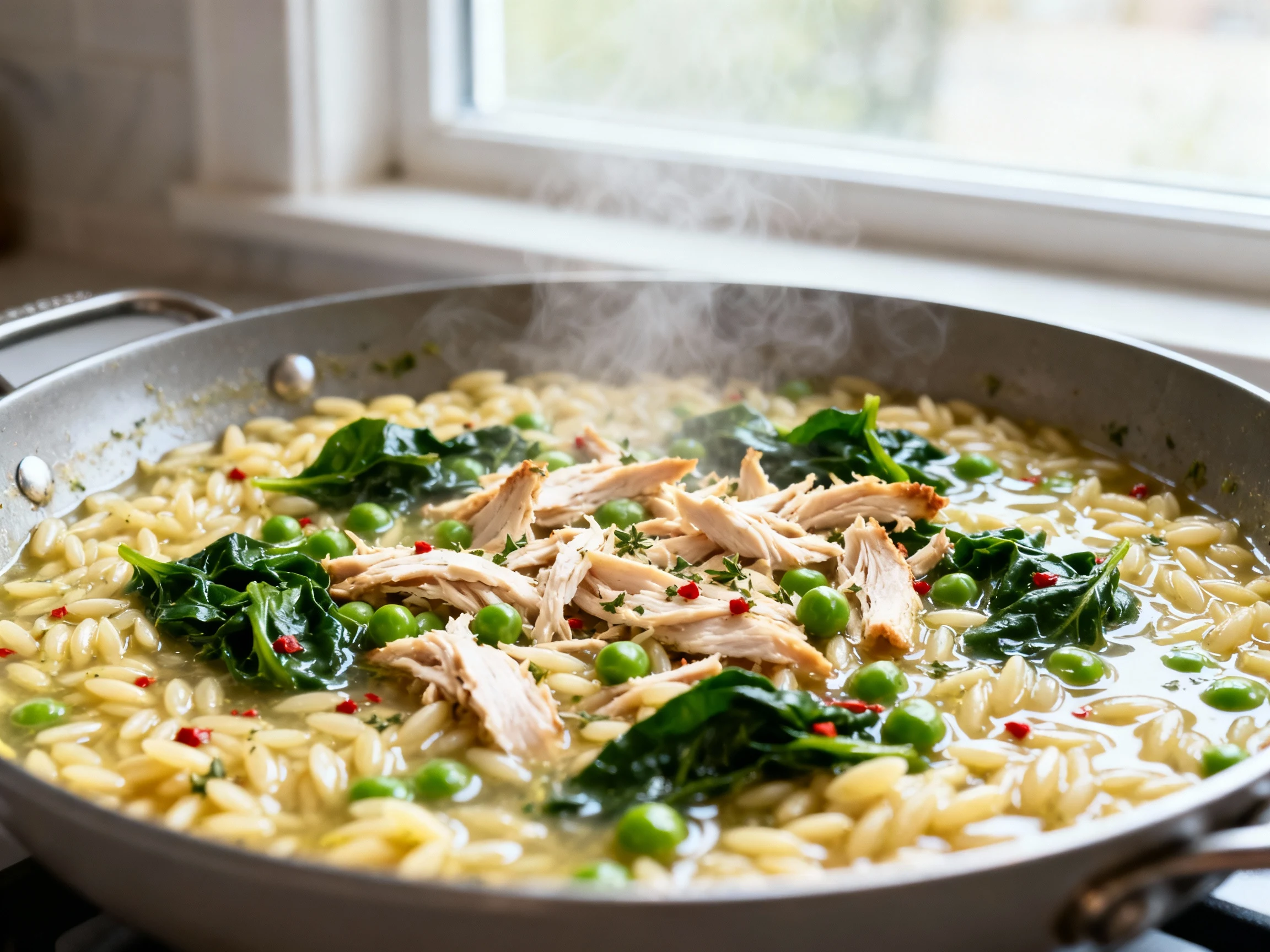 Food photography, Close-up process shot: lemon-garlic chicken orzo simmering in a wide skillet—al dente orzo in glossy b