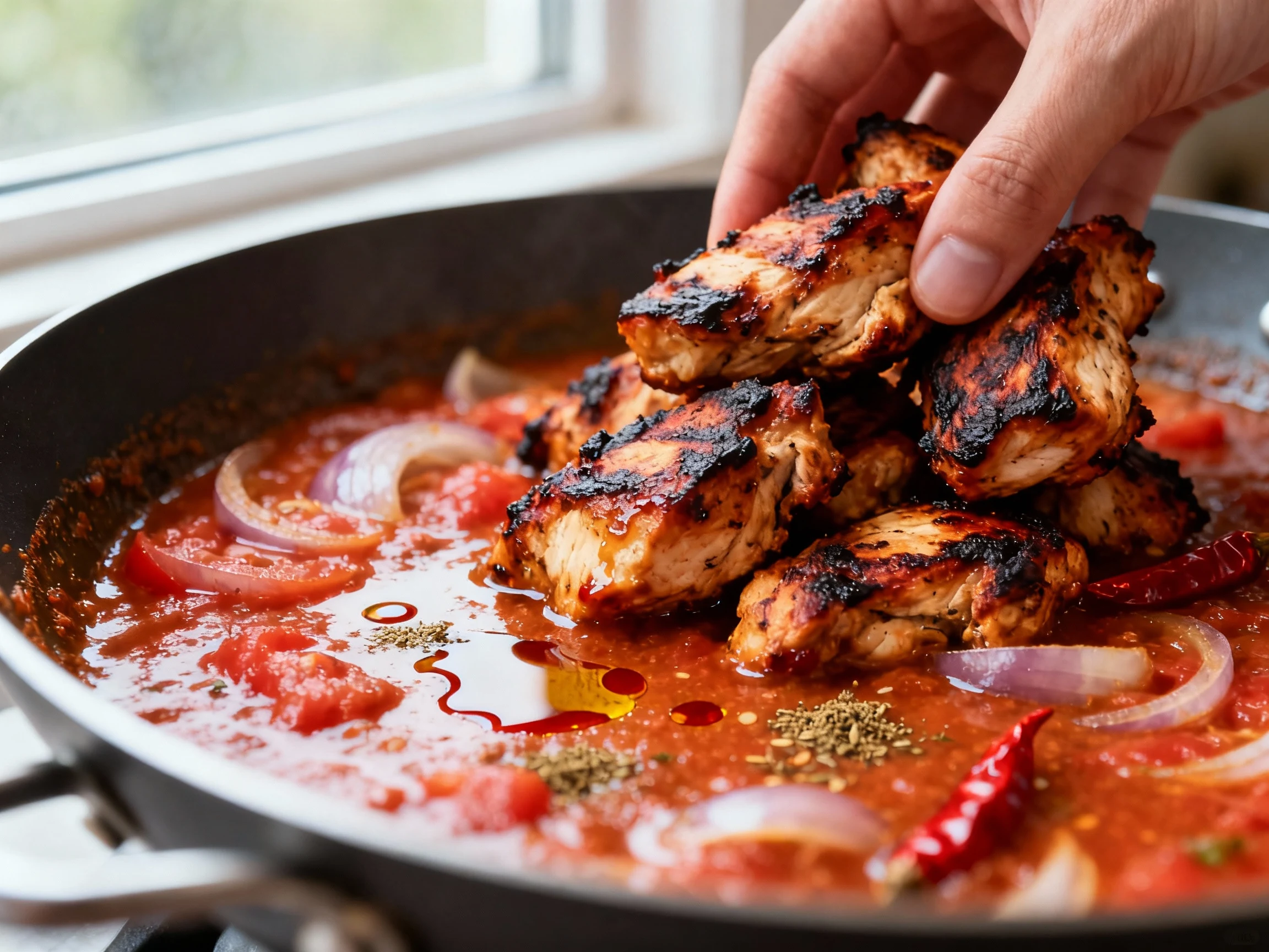 Food photography, Close-up of grilled tikka-style boneless chicken pieces being folded into a simmering onion–tomato mas