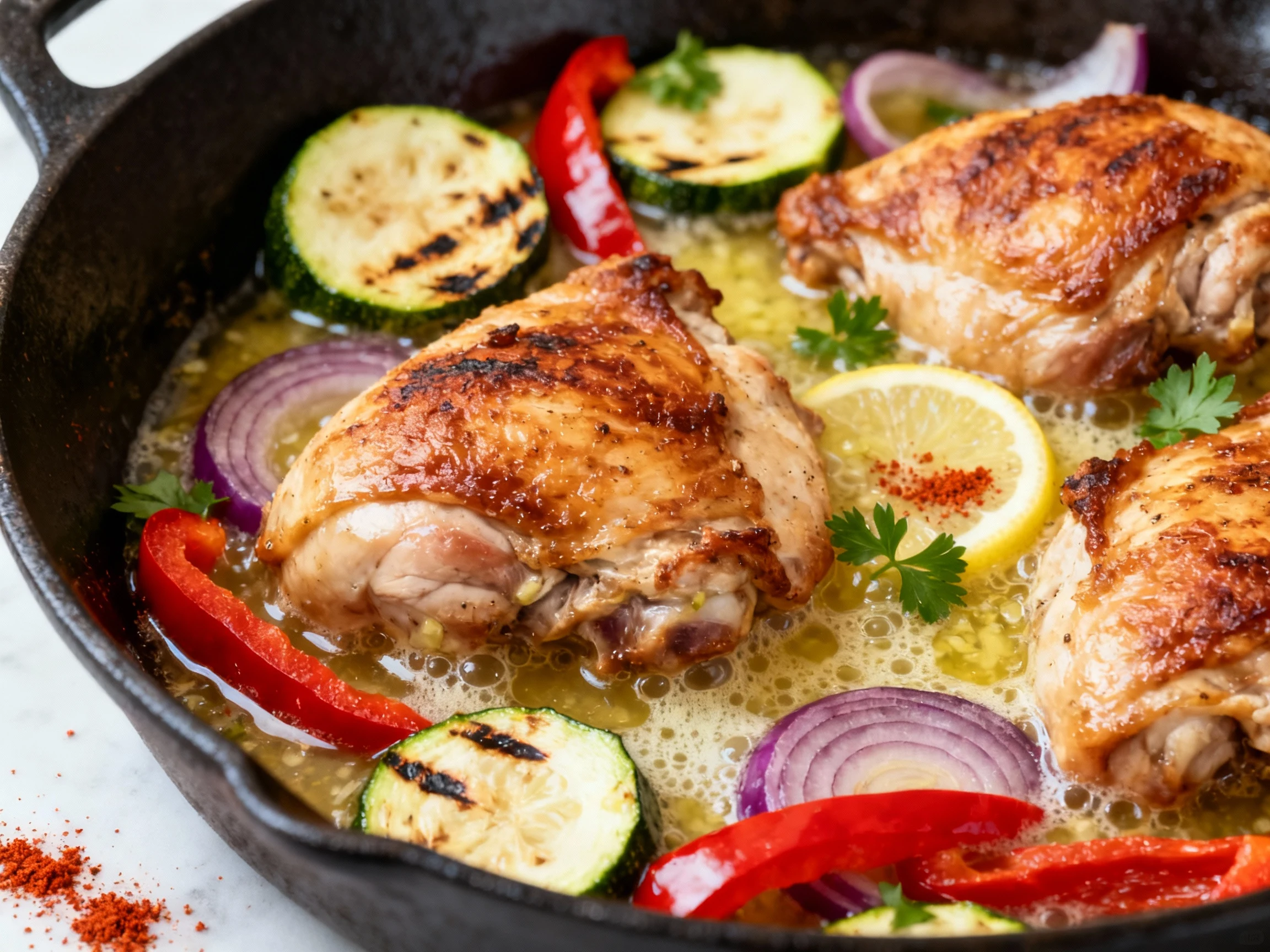 Food photography, 1. Close-up of crispy-skinned chicken thighs nestled in a cast-iron skillet mid-simmer, skin kept abov