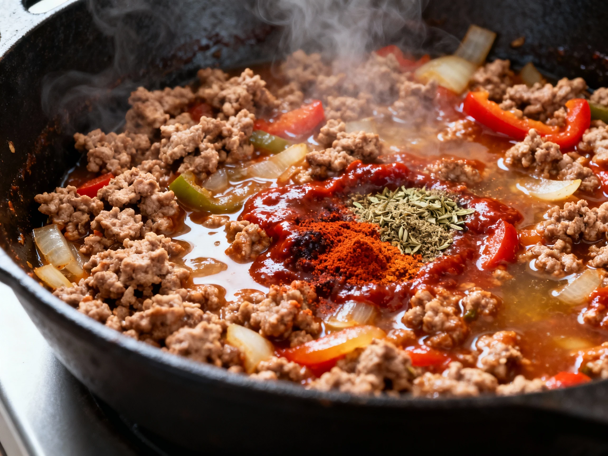 Food photography, Close-up cooking process: browned ground turkey sizzling in a cast-iron skillet as chicken broth degla