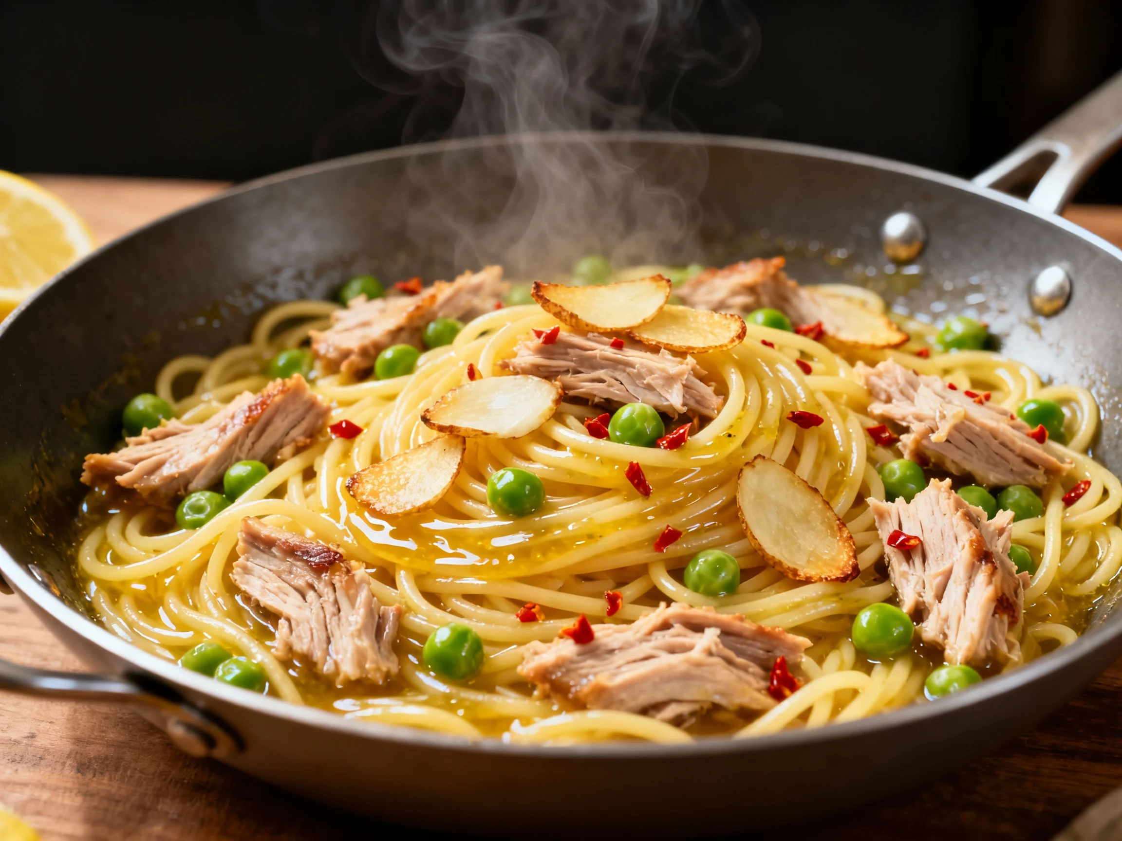 Food photography, Garlic Lemon Tuna Pasta finishing in a wide skillet: spaghetti tossed with starchy pasta water emulsif