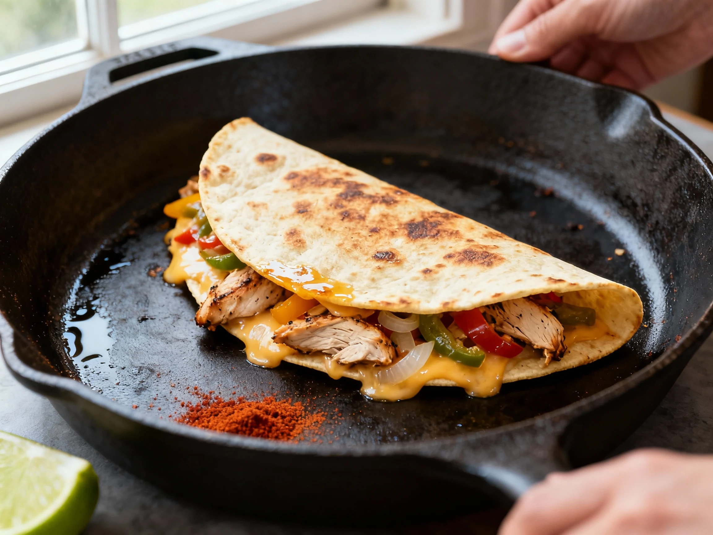 Food photography, 1. Close-up of a skillet quesadilla on medium-high heat: golden, blistered flour tortilla folded into 