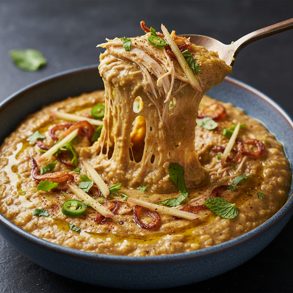Food photography, Macro close-up of chicken haleem in a matte ceramic bowl, spoon lifting a glossy stretchy pull showing