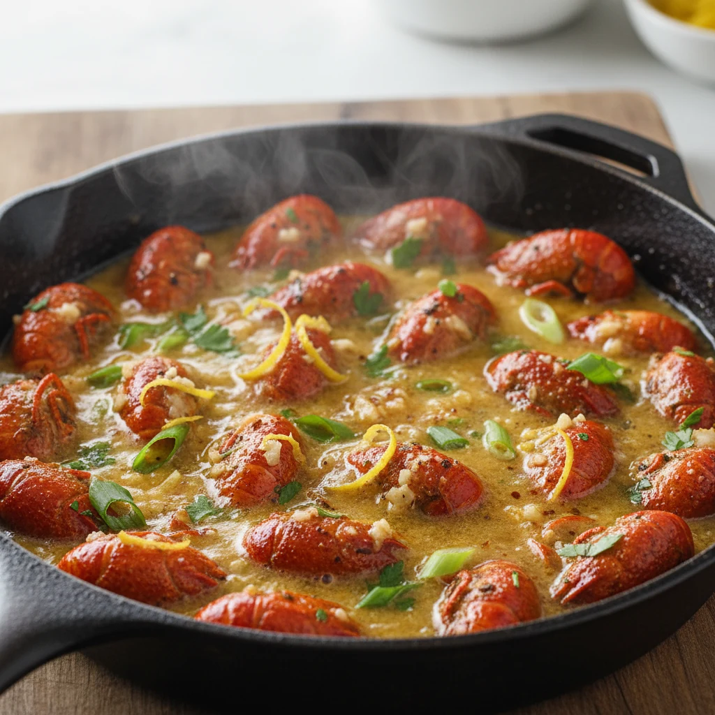 Food photography, Close-up of lemon-garlic crawfish tails in a sizzling skillet during butter mounting: glossy golden sa