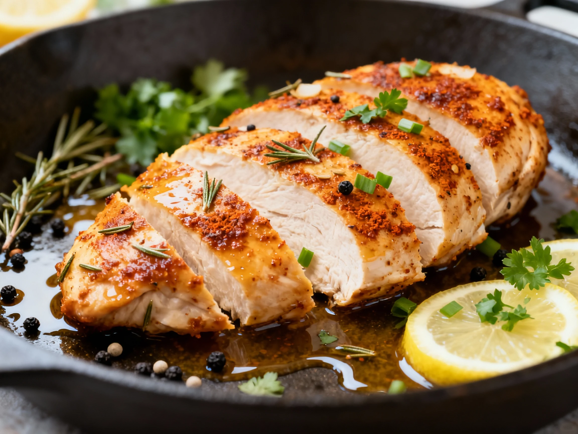 Food photography, Close-up of juicy sliced baked boneless chicken breast with a smoked paprika–garlic–onion rub crust, g