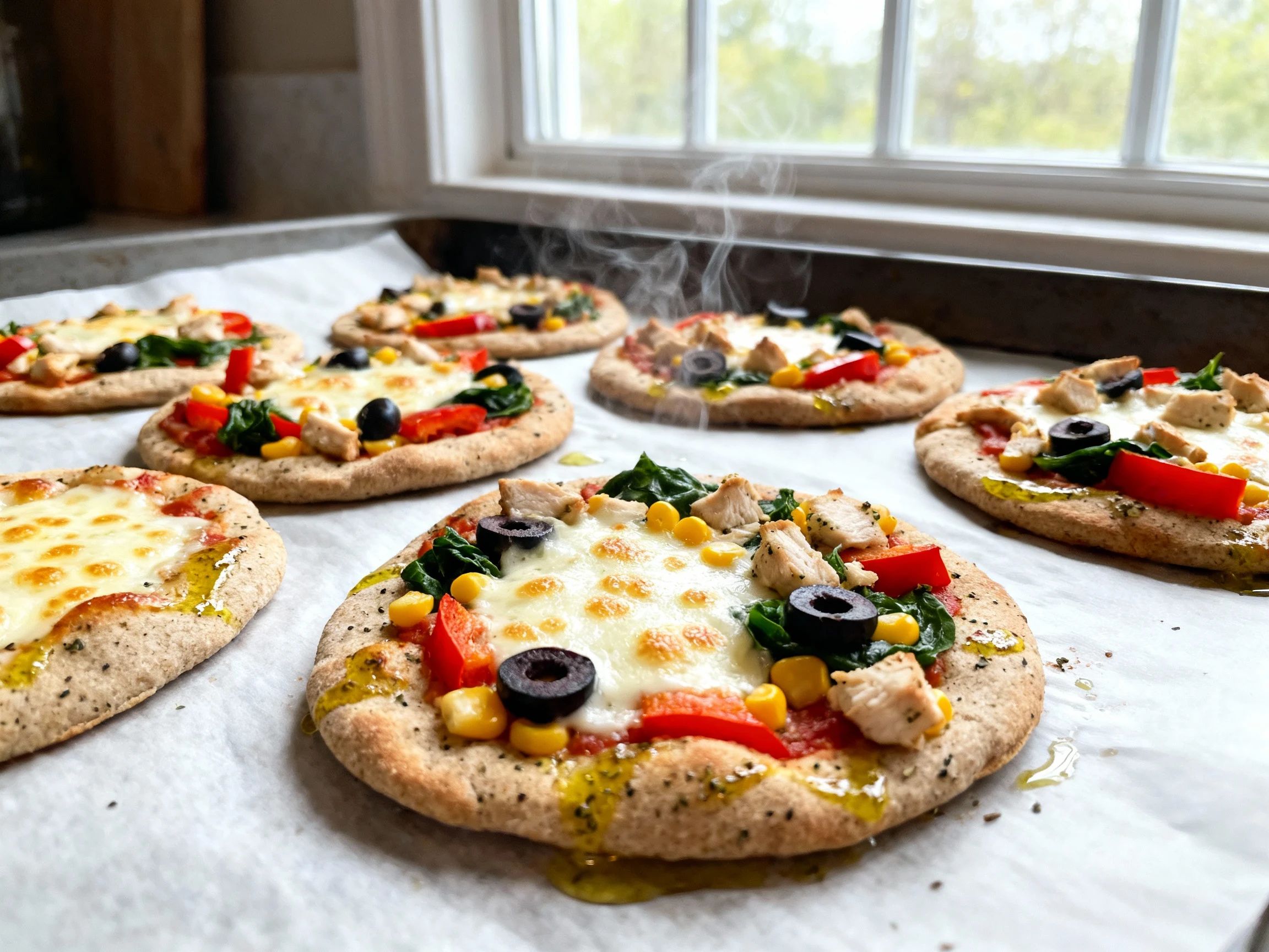 Food photography, Parchment-lined sheet pan of baked mini whole-wheat pita pizzas just out of a 425°F oven, mozzarella m