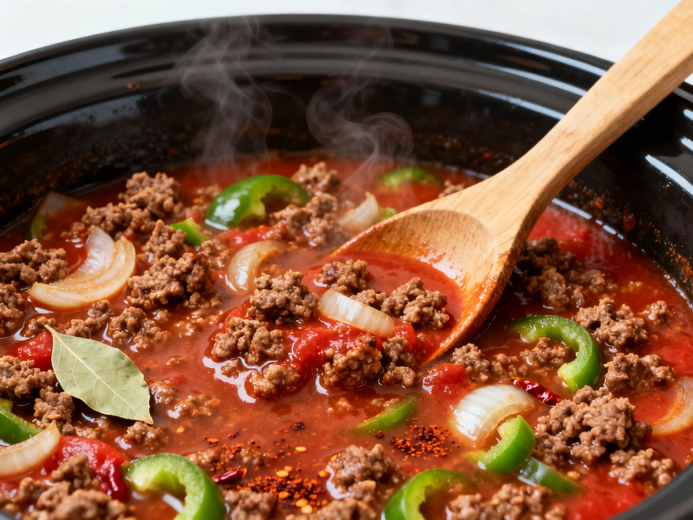 Food photography, 1. Crockpot ground beef base mid-simmer: browned crumbles in rich tomato sauce + beef broth, soft onio