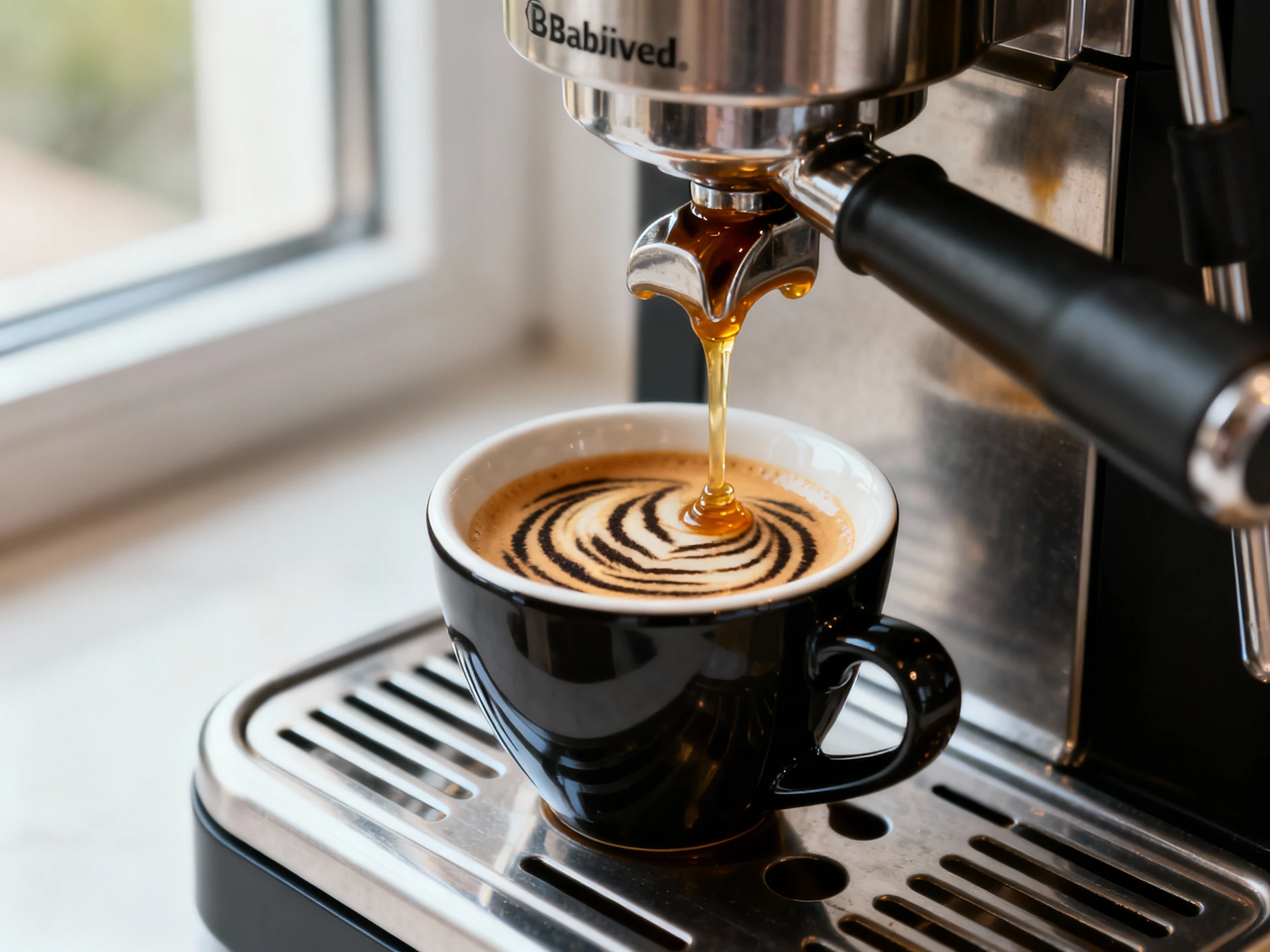 Food photography, Close-up of a Breville espresso shot mid-pull: syrupy warm-honey stream from the portafilter into a pr