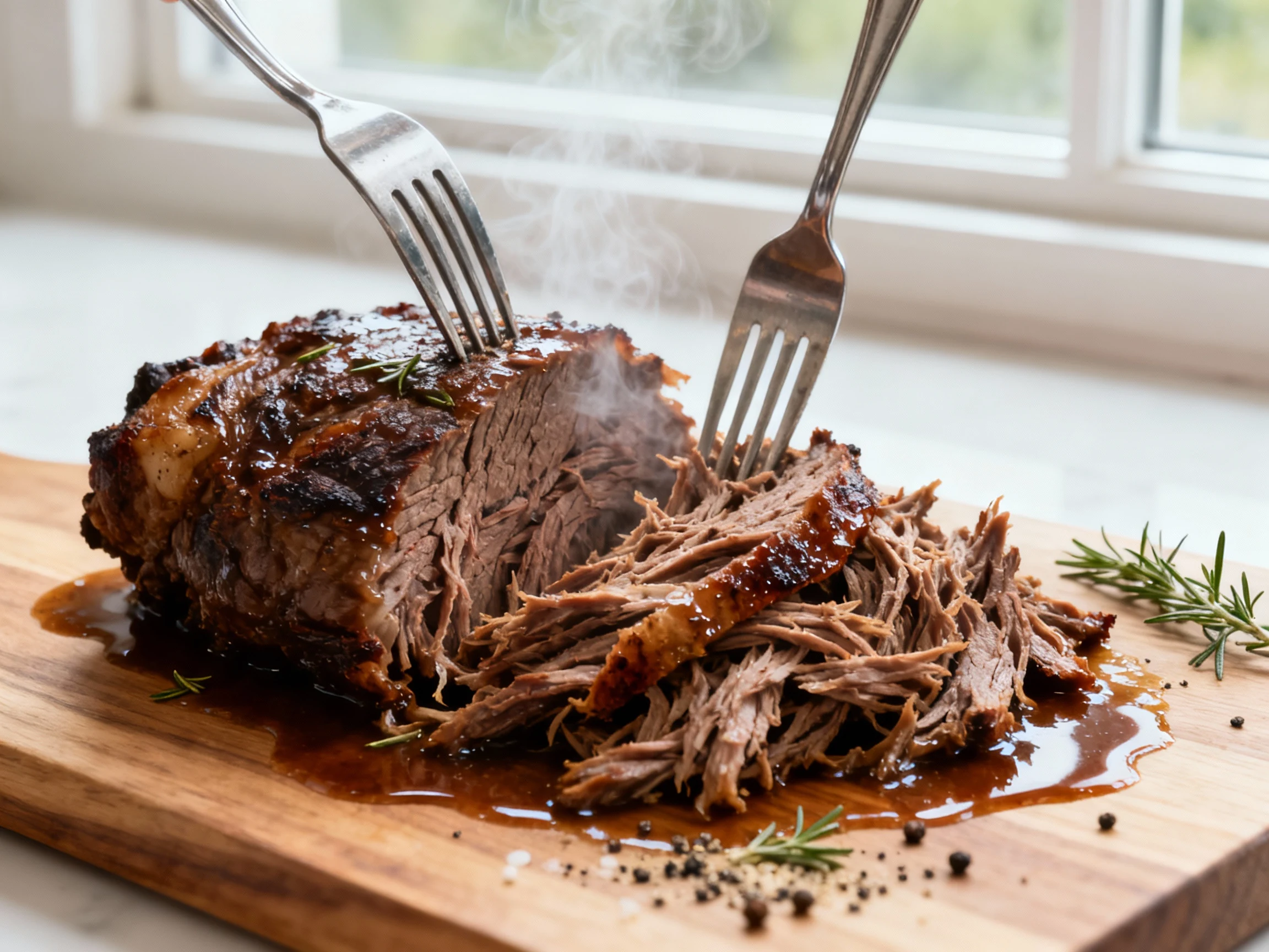 Food photography, Close-up of freshly pressure-cooked chuck roast being shredded on a wooden board with two forks (no ha