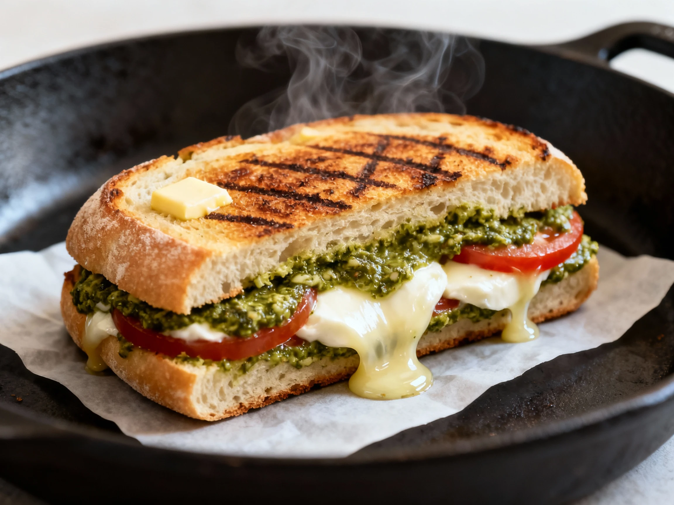 Food photography, Close-up of Caprese Pesto Melt being pressed in a skillet: pesto-smeared ciabatta, buttered exterior g