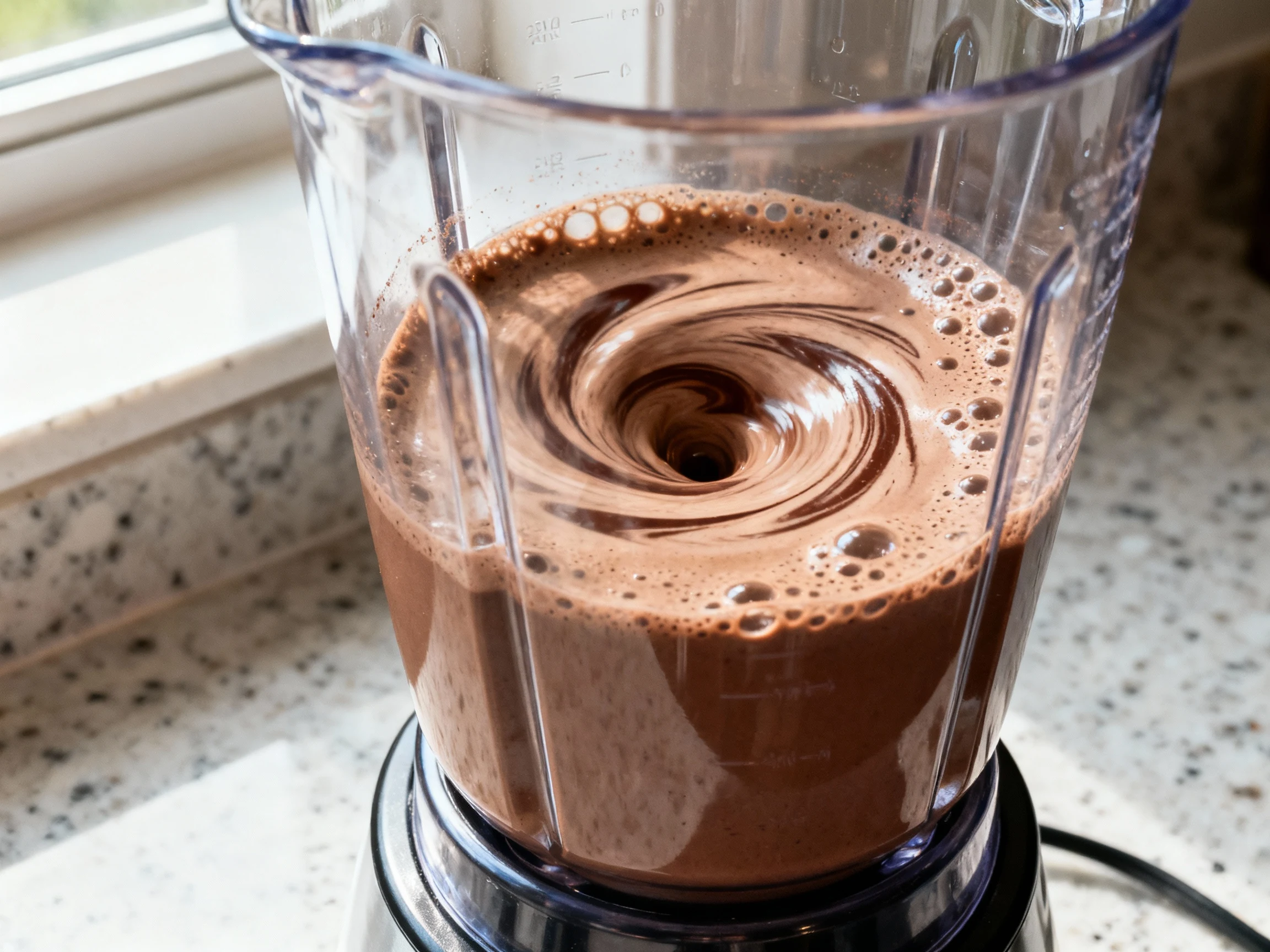 Food photography, 1. Mocha Muscle protein shake mid-blend in a clear blender jar: tight, creamy chocolate vortex with mi