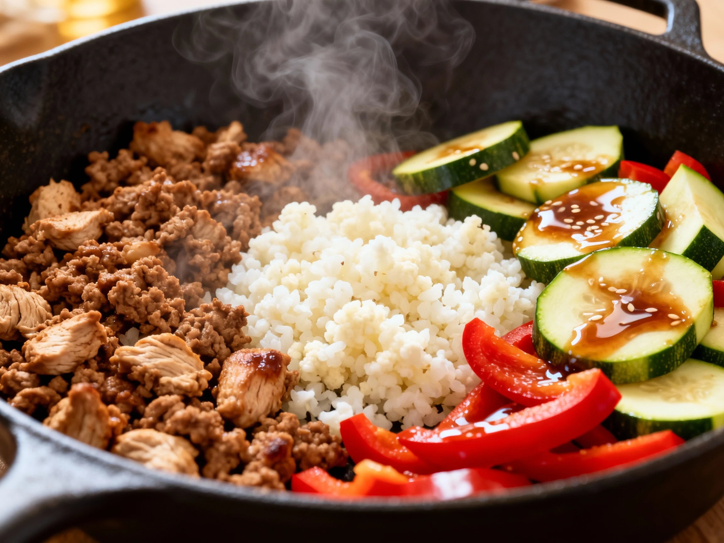 Food photography, 1. Close-up cooking process in a cast-iron skillet: browned ground chicken with crisp-tender zucchini 