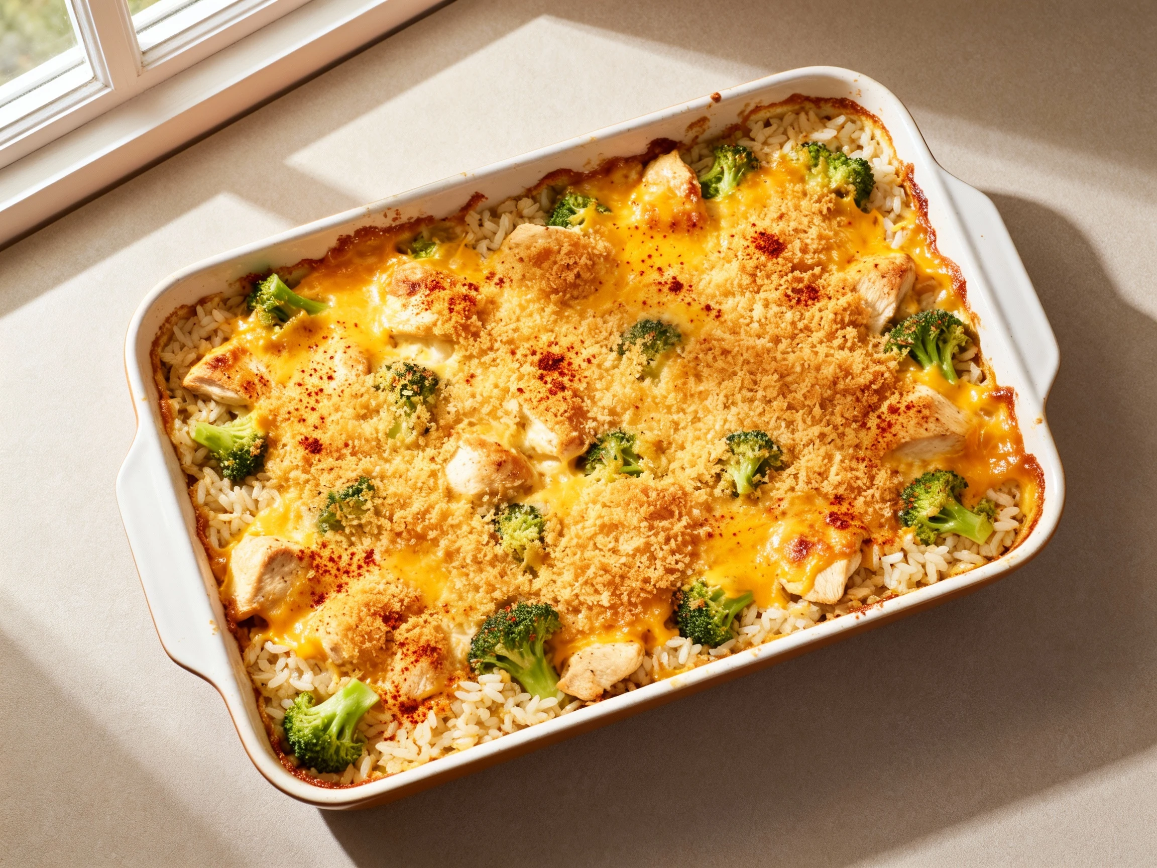 Food photography, Overhead shot of a 9x13 chicken–broccoli–rice casserole just out of the oven: sharp cheddar melted wit