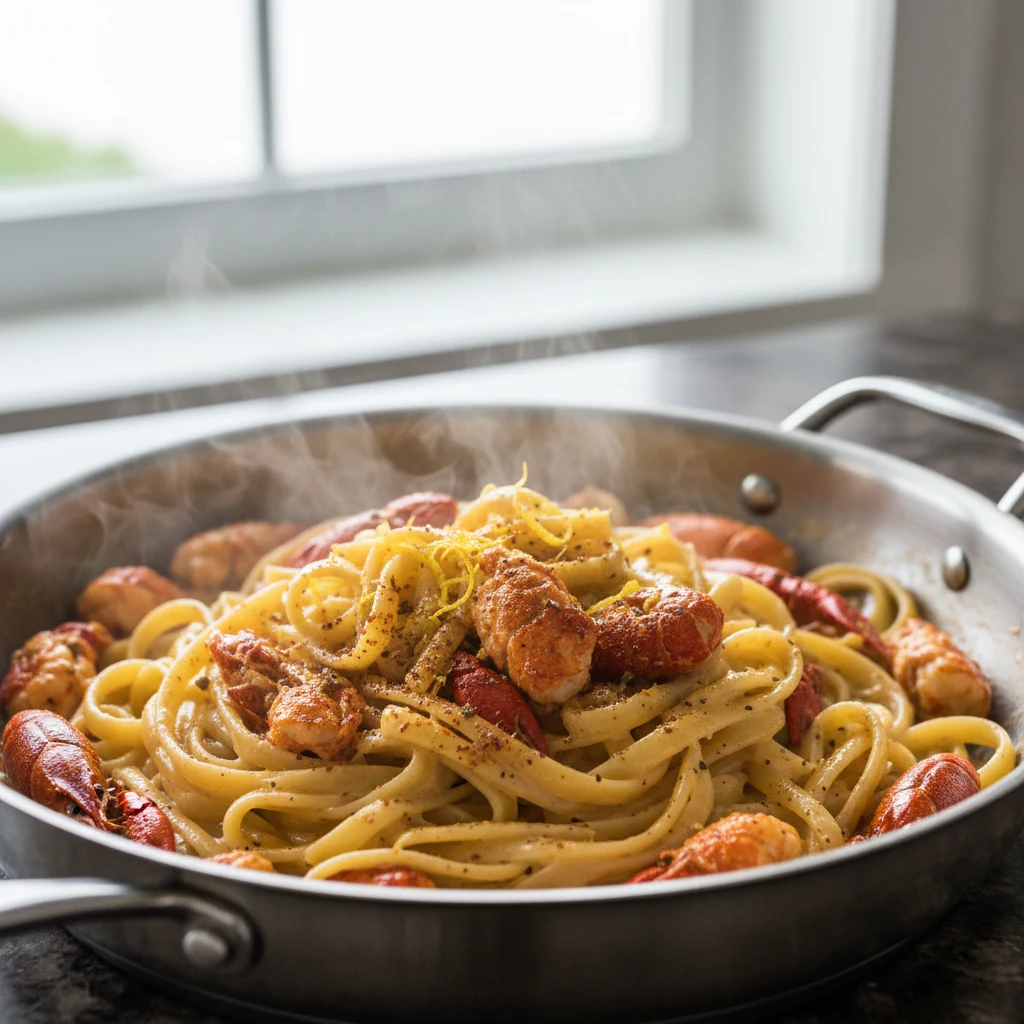 Food photography, Close-up of fettuccine being tossed in a large skillet with silky Cajun Alfredo, tender cooked crawfis