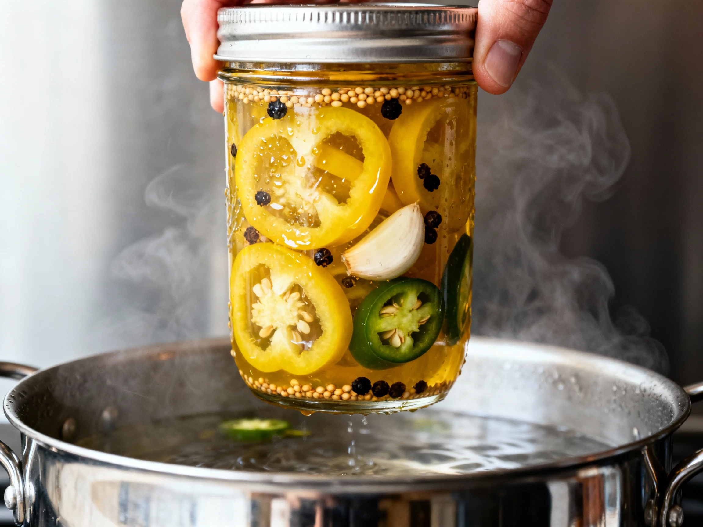 Food photography, Close-up process shot: a hot, just-sealed pint jar of pickled banana pepper rings lifted from a water-
