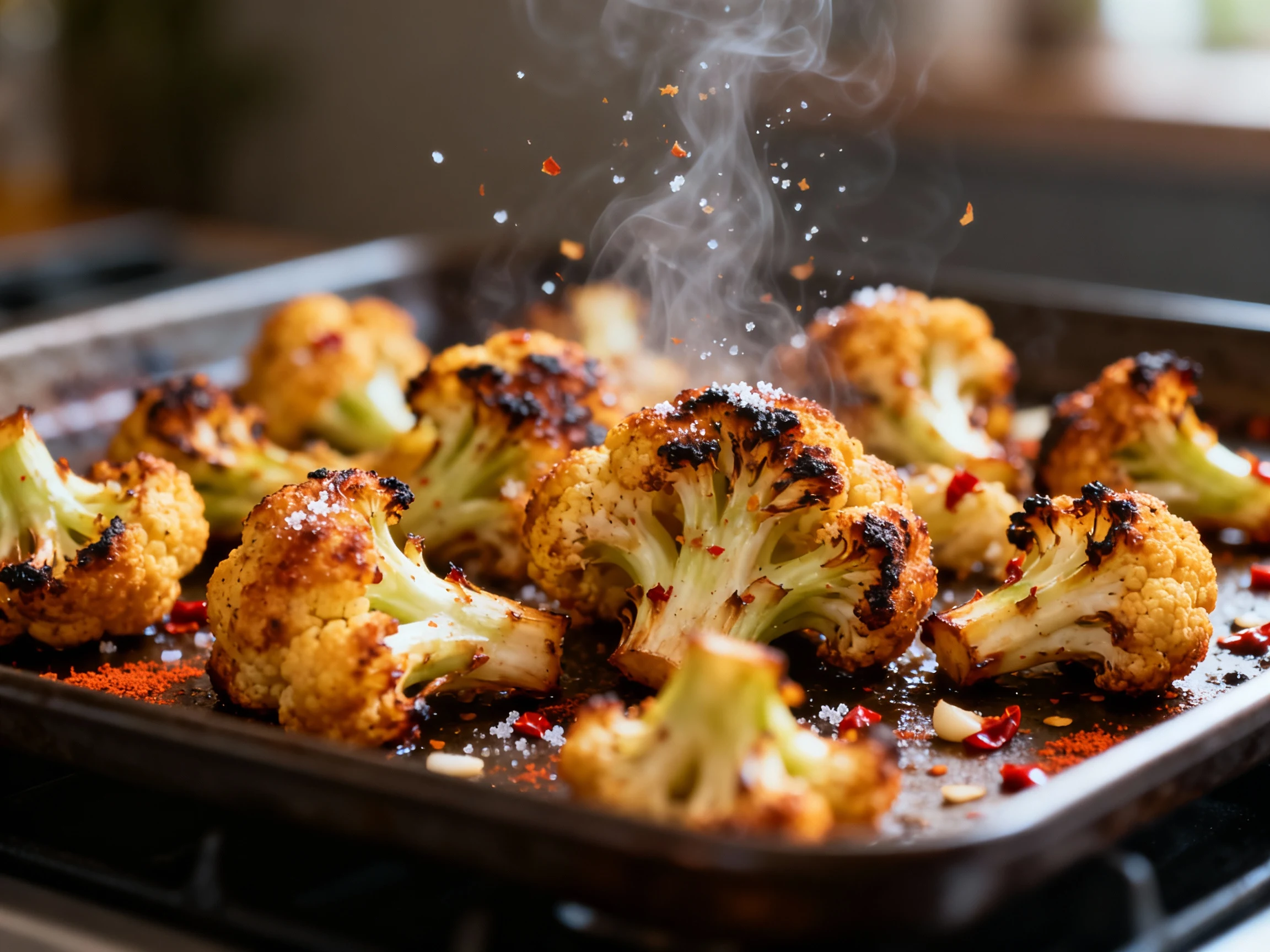 Food photography, Close-up cooking process: roasted cauliflower florets sizzling on a preheated 475°F sheet pan, deep go