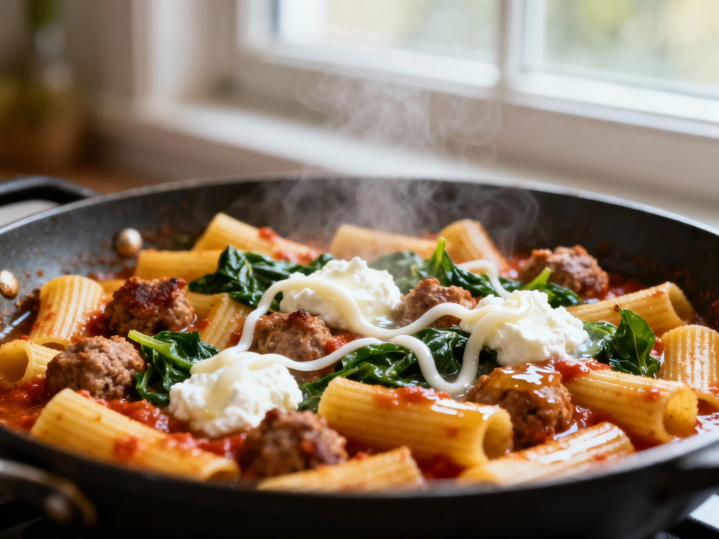 Food photography, Close-up cooking process: saucy rigatoni in a skillet with browned Italian sausage, wilted spinach, ri