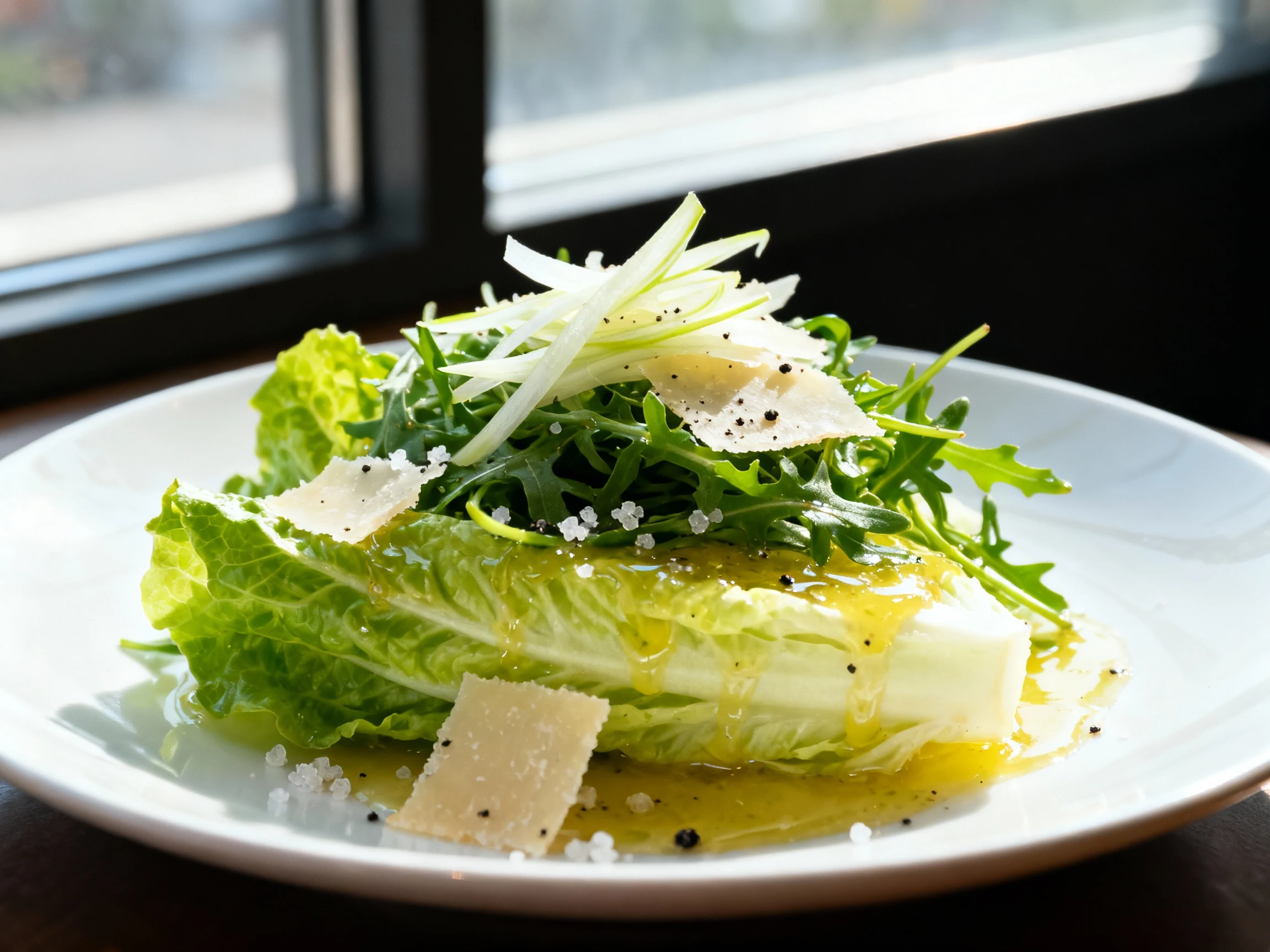 Food photography, Close-up of crisp romaine and arugula dressed in glossy lemon-shallot vinaigrette, Parmesan shards and