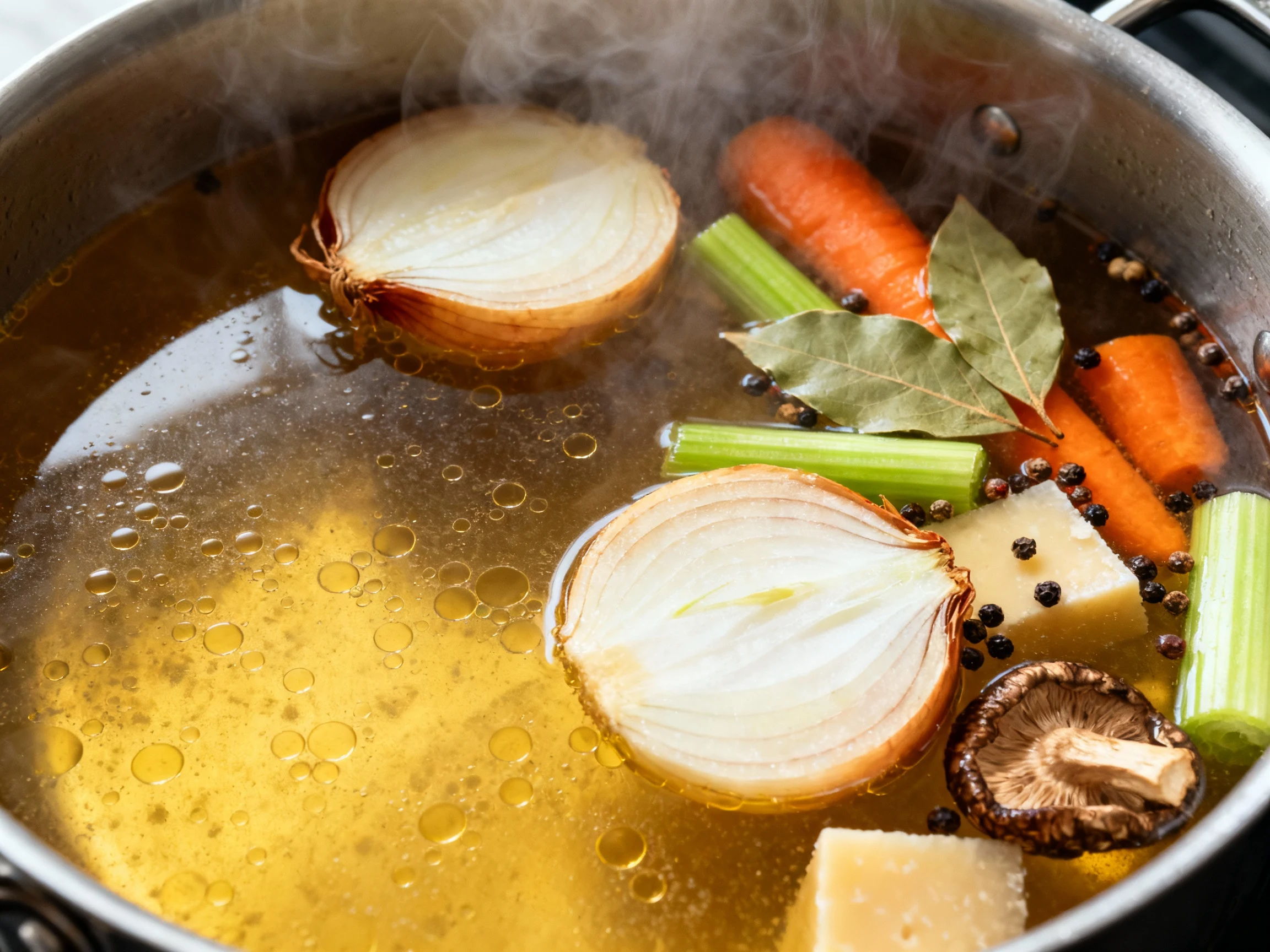 Food photography, 1. Close-up of clear golden chicken broth at a bare simmer in a stockpot, tiny lazy bubbles, cooked on