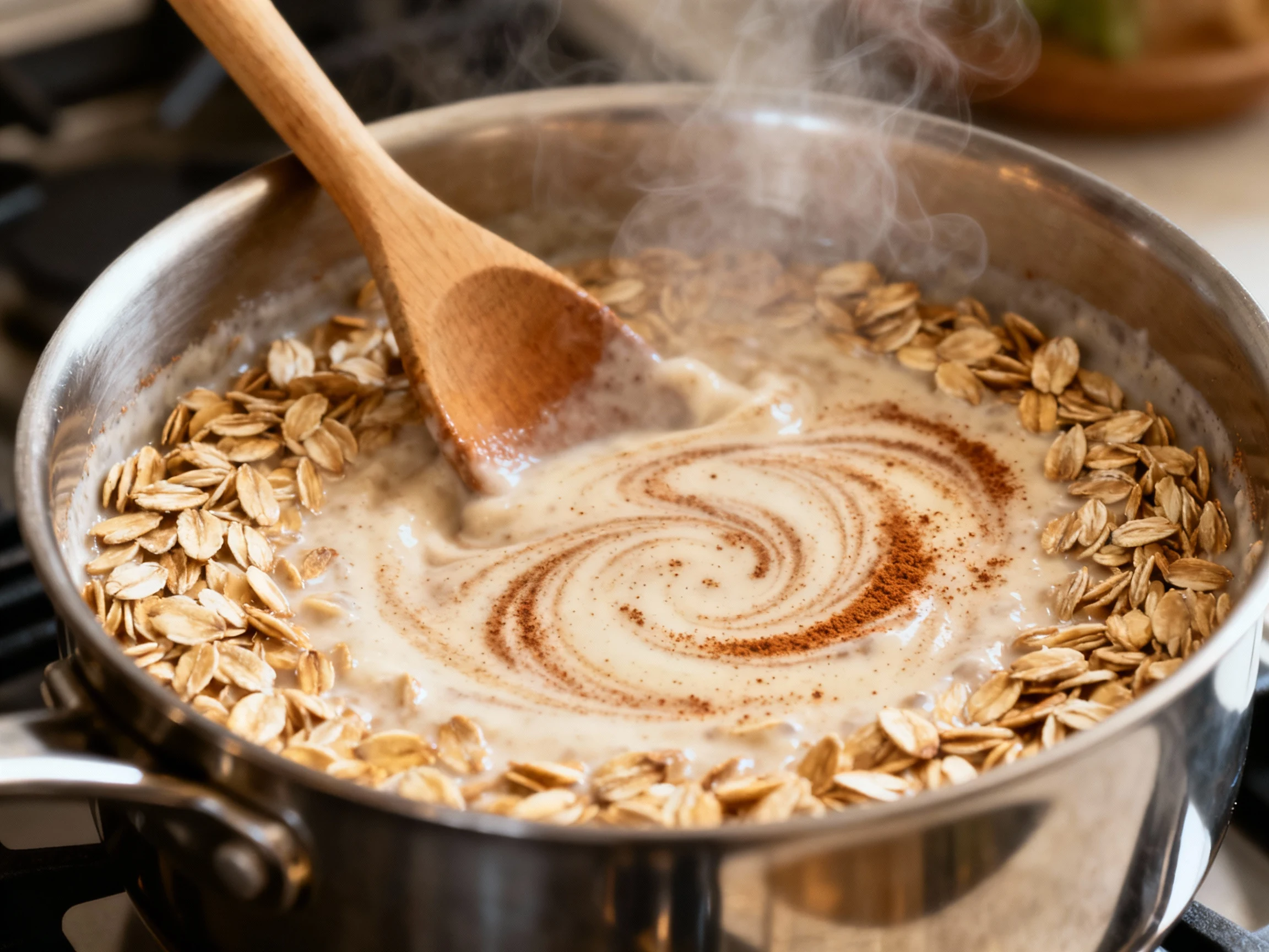 Food photography, Cooking process: Rolled oats gently simmering after a quick toast, creamy swirls with cinnamon specks 