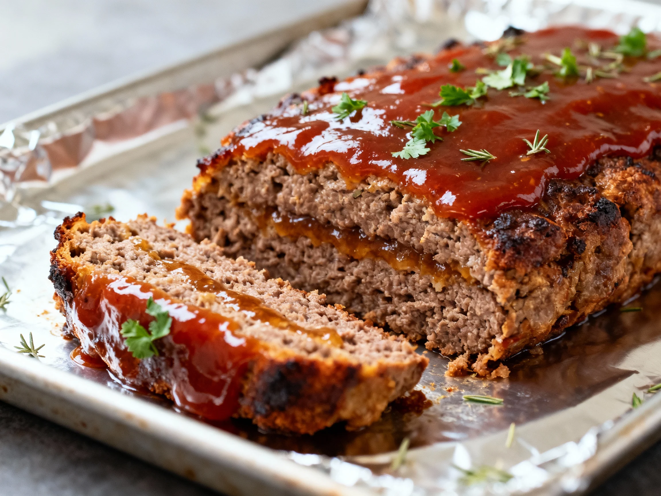 Food photography, 1. Close-up of the freeform meatloaf just out of the oven on a foil-lined sheet pan, crispy browned ed