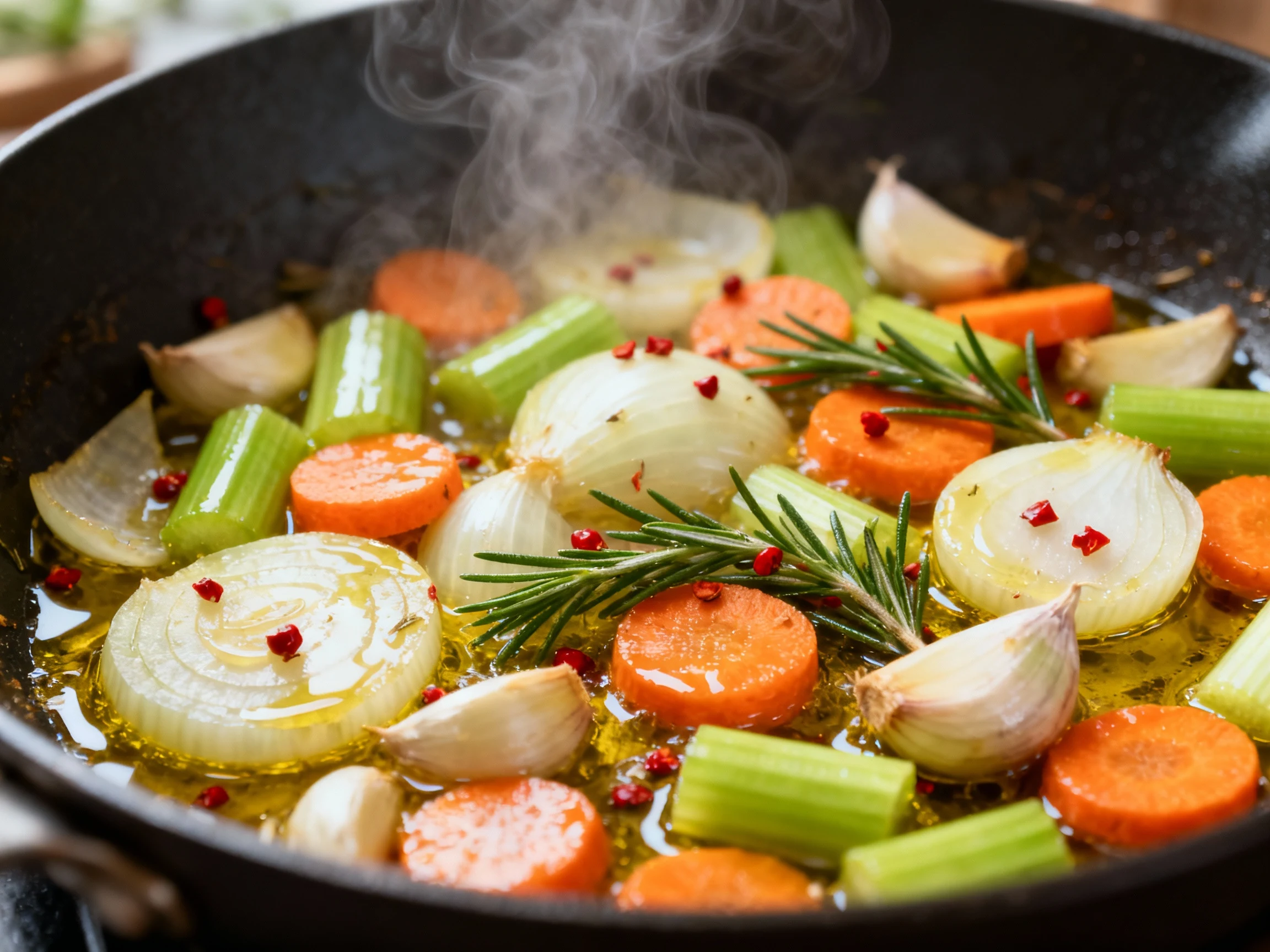 Food photography, 1. Close-up of glossy sautéed onion, carrot, and celery with garlic, rosemary, and red pepper flakes i