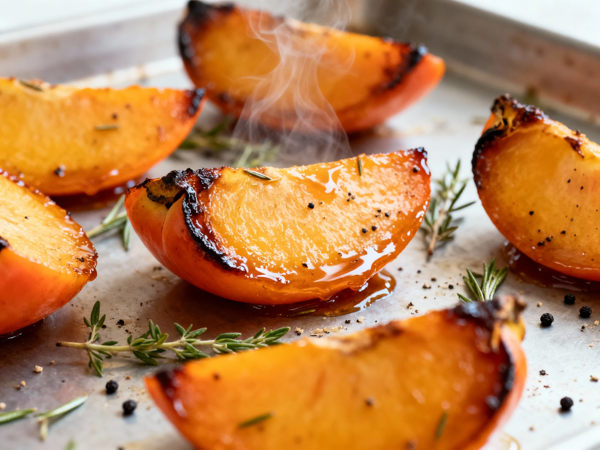 Food photography, Close-up of maple–thyme roasted Fuyu wedges mid-roast on a 425°F sheet pan, edges deeply caramelized, 