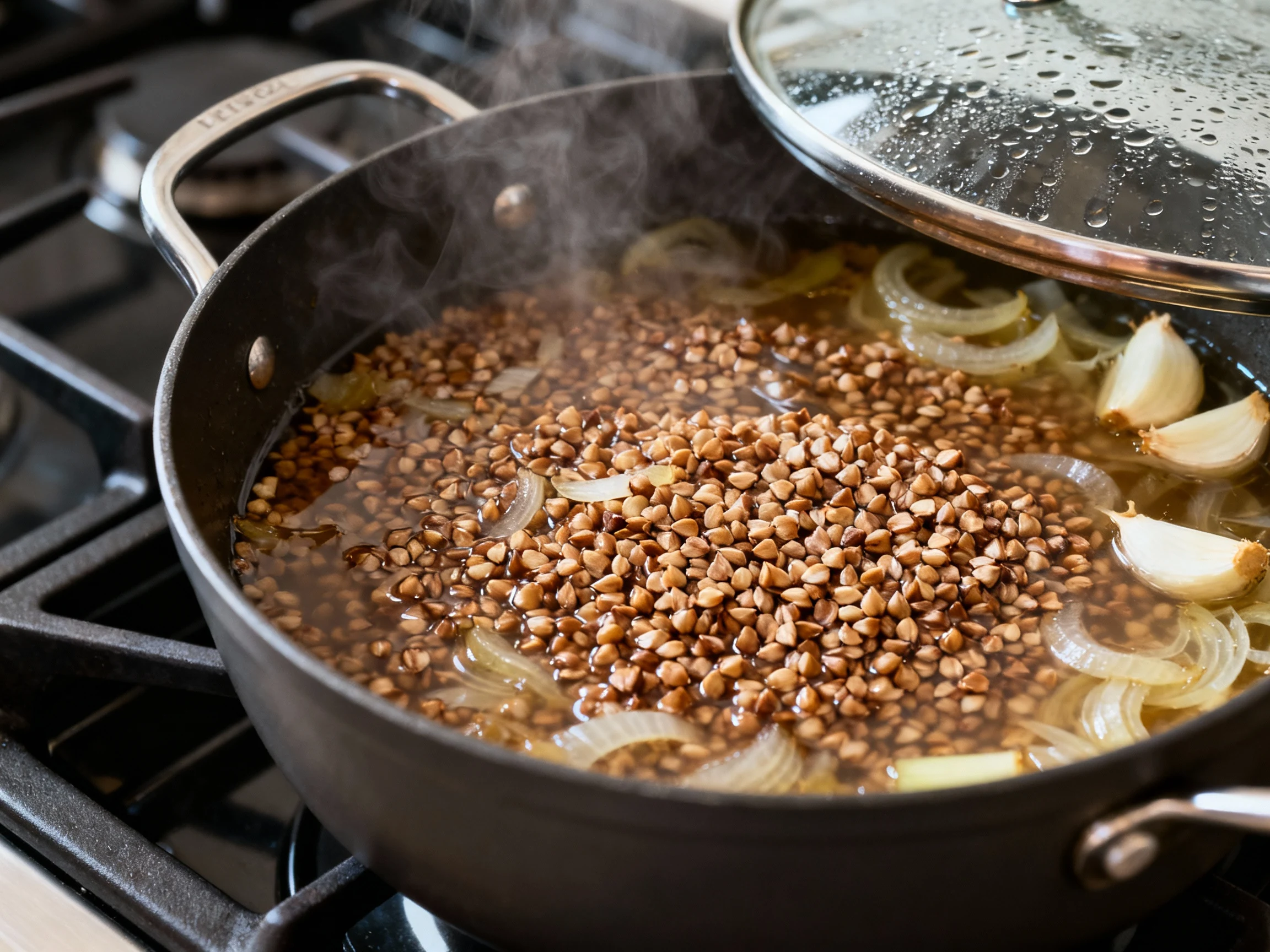 Food photography, Cooking process: saucepan of toasted buckwheat gently simmering in low-sodium broth with sautéed onion