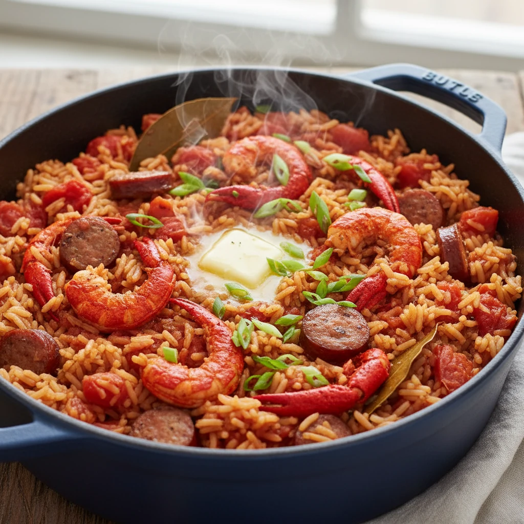 Food photography, Close-up, cooking process: Dutch oven of ruby-tinted Creole jambalaya as tender crawfish tails, a pat 