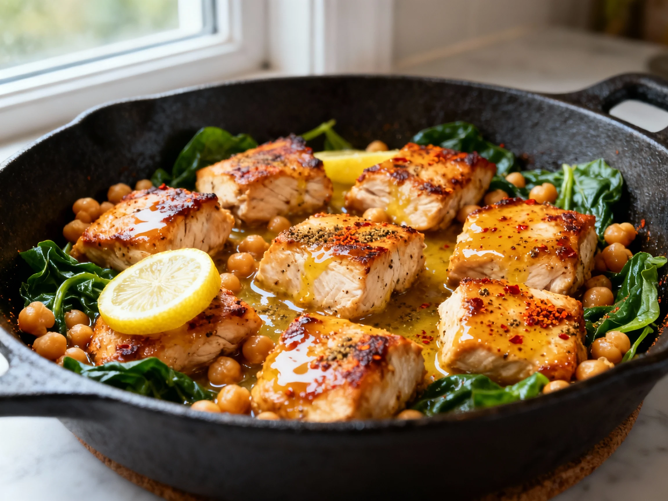 Food photography, 1. Close-up of seared chili-lemon chicken cubes, golden-brown with glossy lemon pan sauce, flecks of s