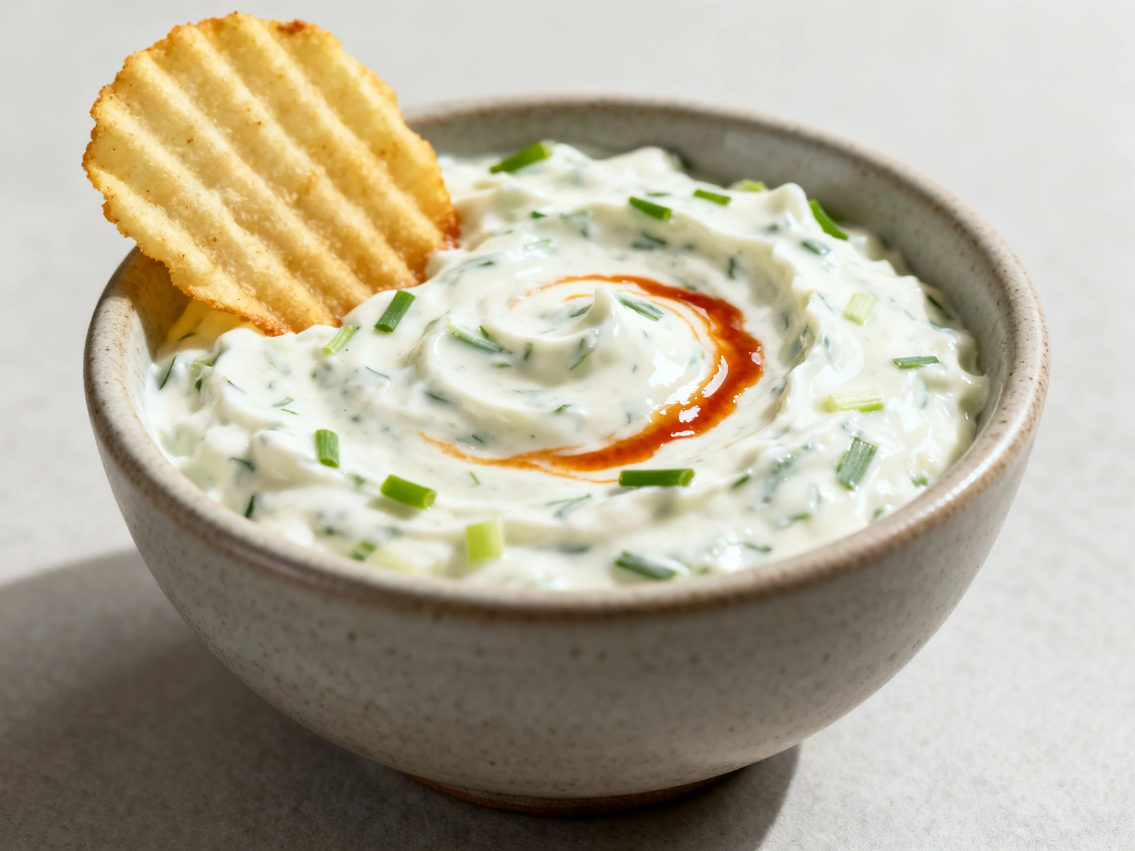 Food photography, Close-up of Ranch-Style Onion Dip (creamy sour cream + yogurt base) with fine chive flecks and a subtl