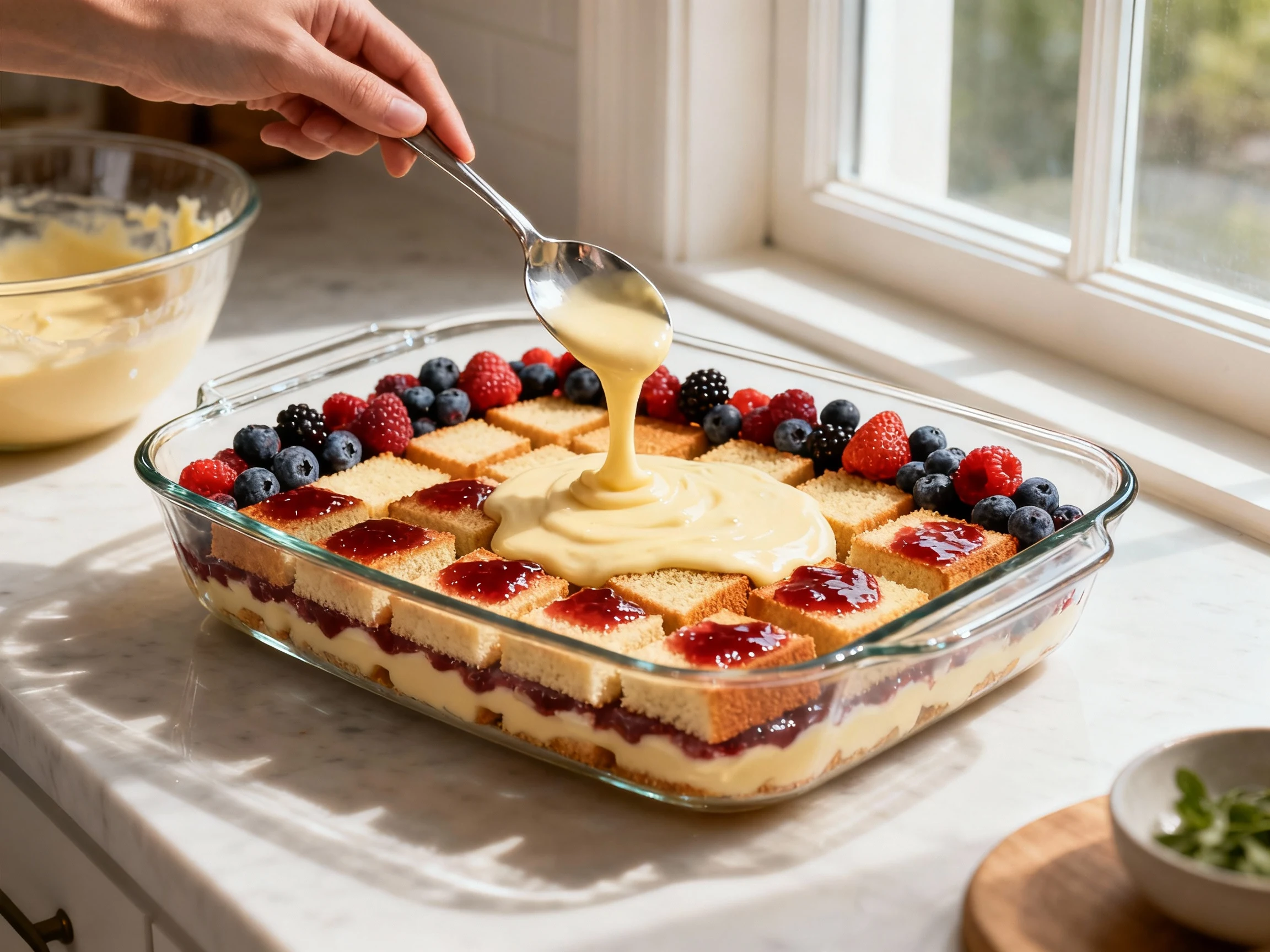 Food photography, Cooking process: Berry trifle being prepared—spoon smoothing pudding-thick vanilla custard over jam-gl