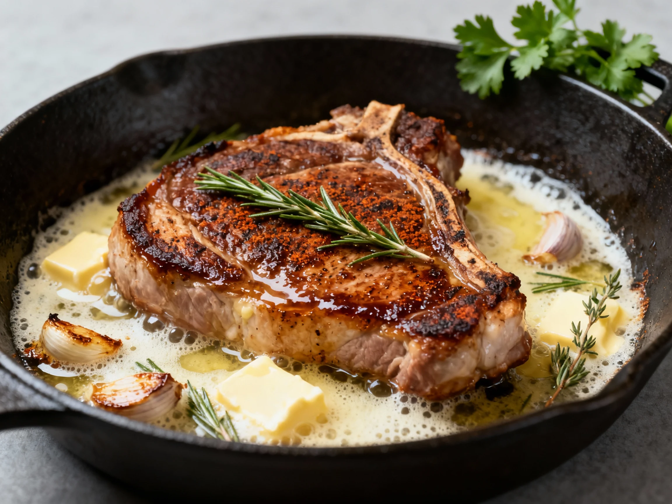 Food photography, Close-up of butter-basted pork chops in cast-iron: deeply browned, caramelized crust from brown sugar 