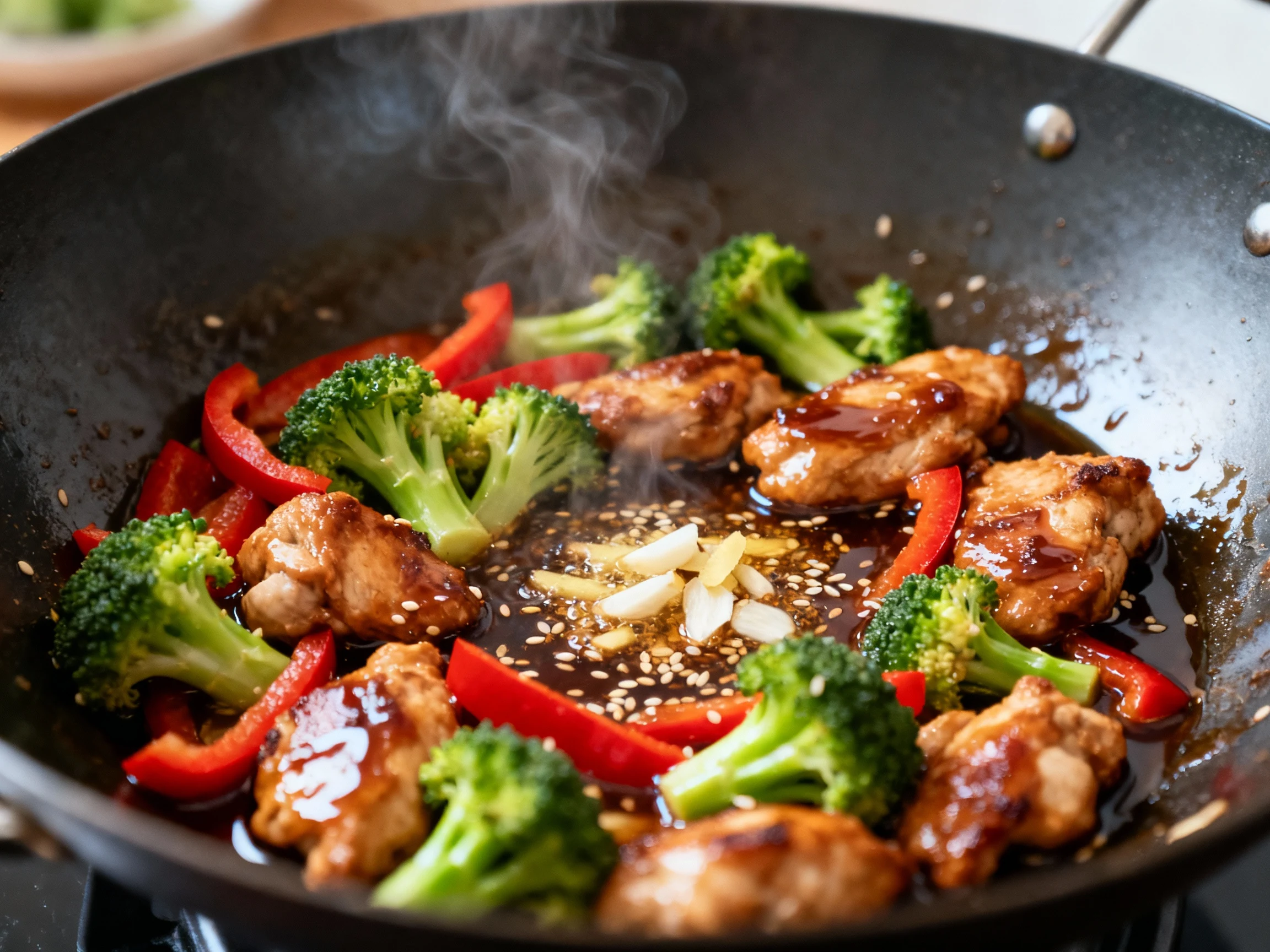 Food photography, Close-up cooking process: browned chicken pieces with thin-sliced broccoli and red bell pepper tossed 