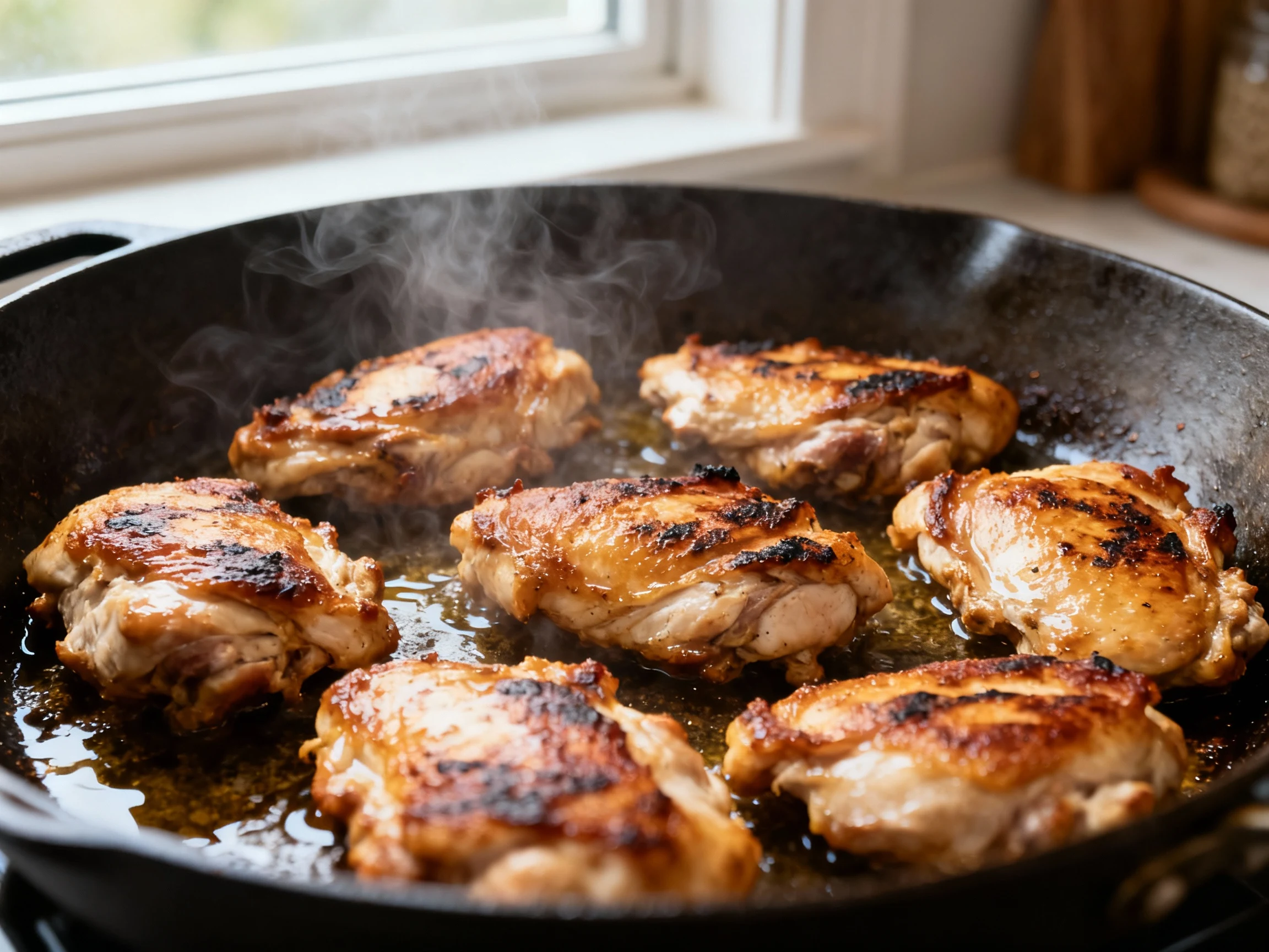 Food photography, 1. Cooking process: Ripping-hot heavy skillet, velveted chicken thigh slices searing in a single layer