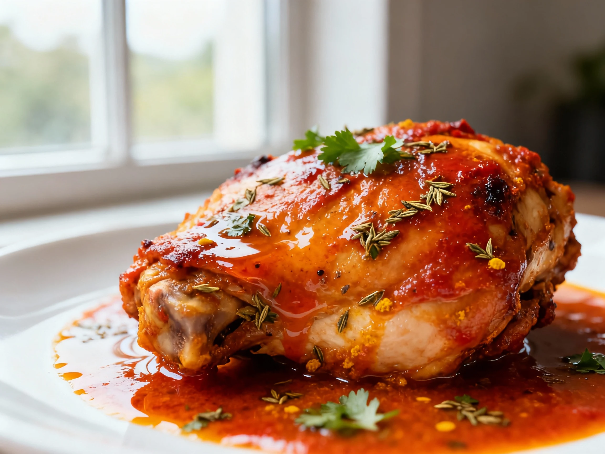 Food photography, Close-up of saucy, seared chicken thigh coated in glossy dhaba-style gravy (red-orange from Kashmiri c