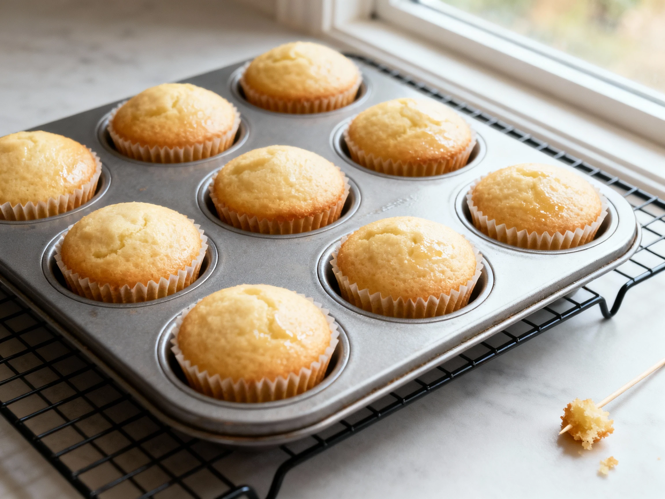 Food photography, Overhead shot of a 12-cup muffin tin just out of a 350°F oven: domed vanilla cupcakes in paper liners