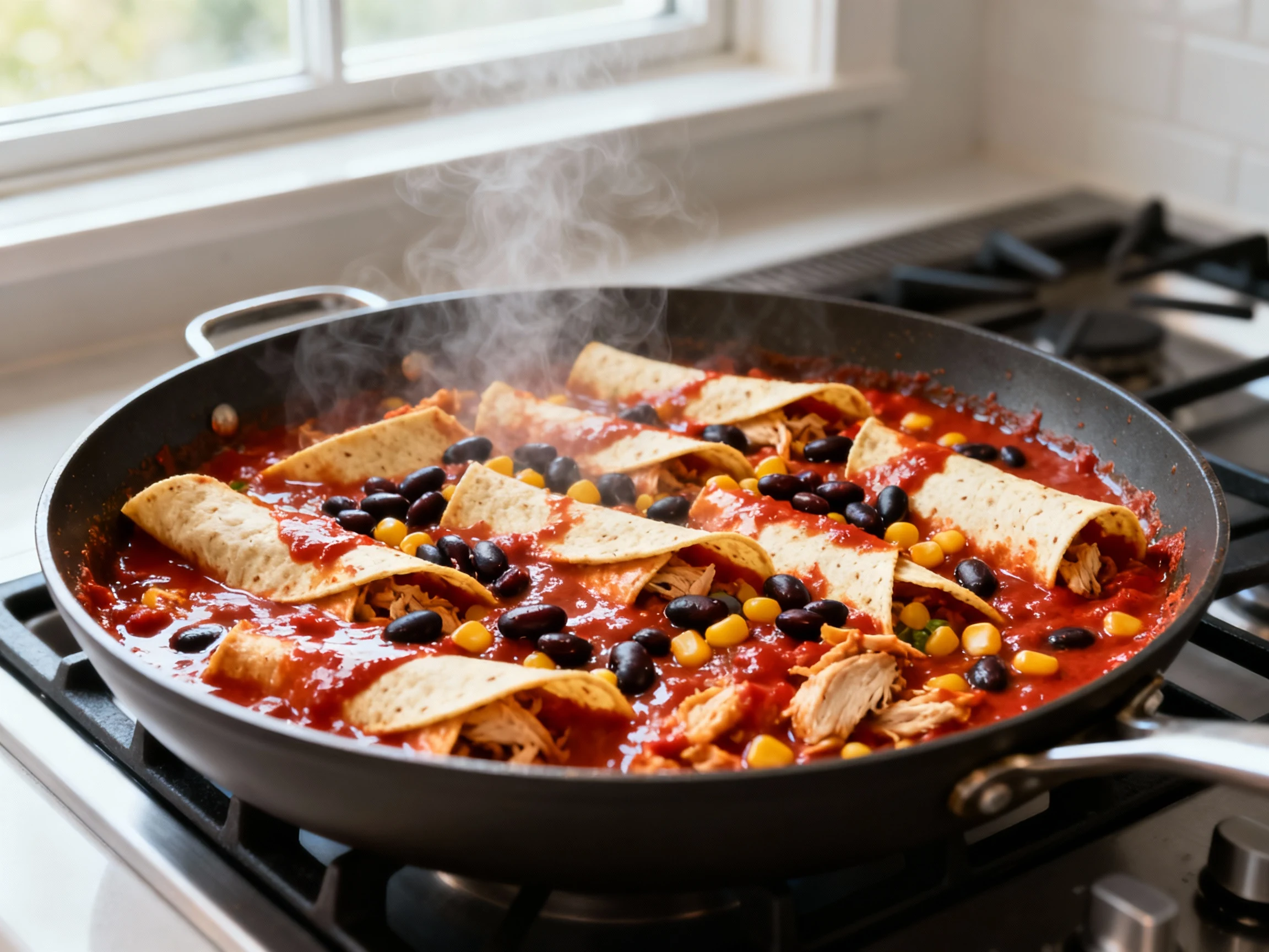 Food photography, Close-up of one-pan chicken enchilada bake simmering in a 12-inch skillet: tortilla strips folded into