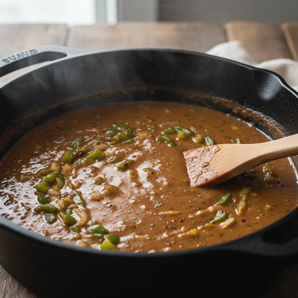 Food photography, Close-up of Cajun étouffée base: dark-peanut-butter roux with the Holy Trinity (onion, green bell pepp