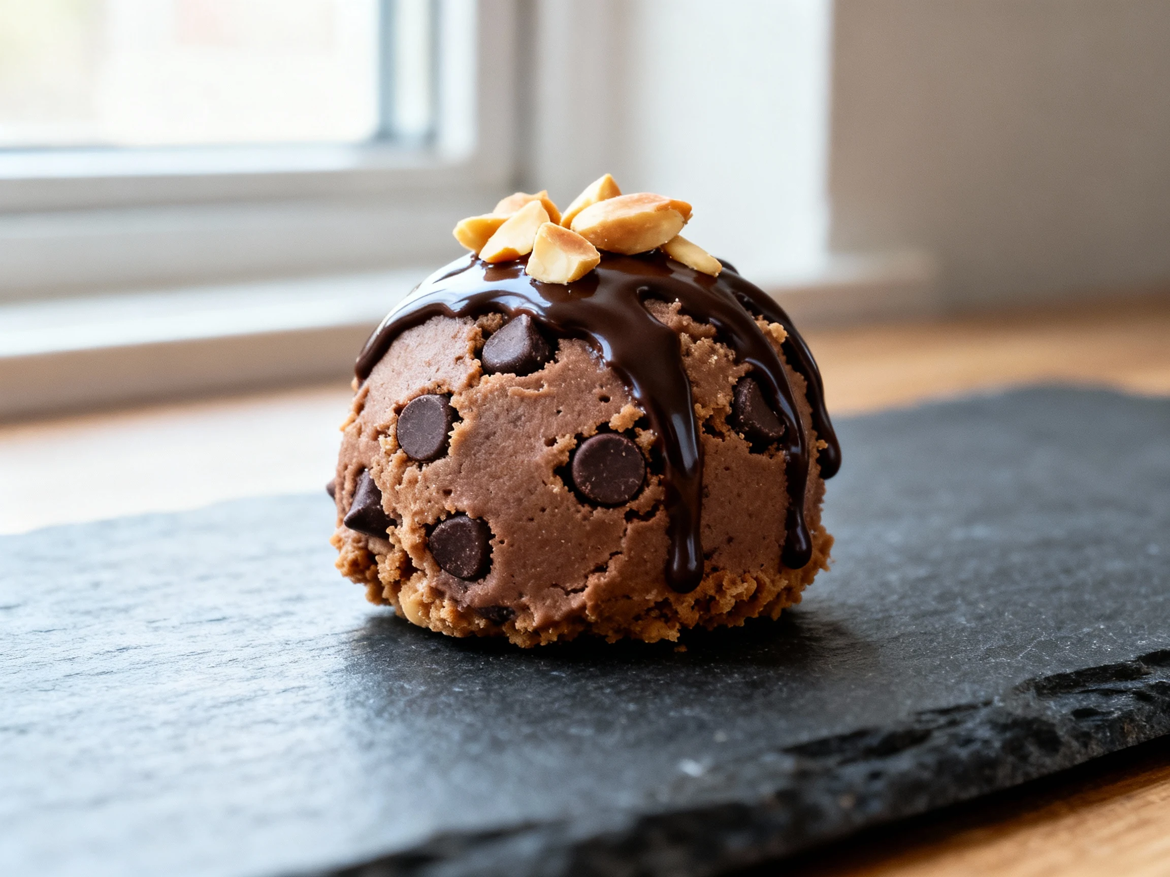 Food photography, Close-up of a chilled PB2 chocolate peanut butter cookie dough bite with glossy dark chocolate drizzle