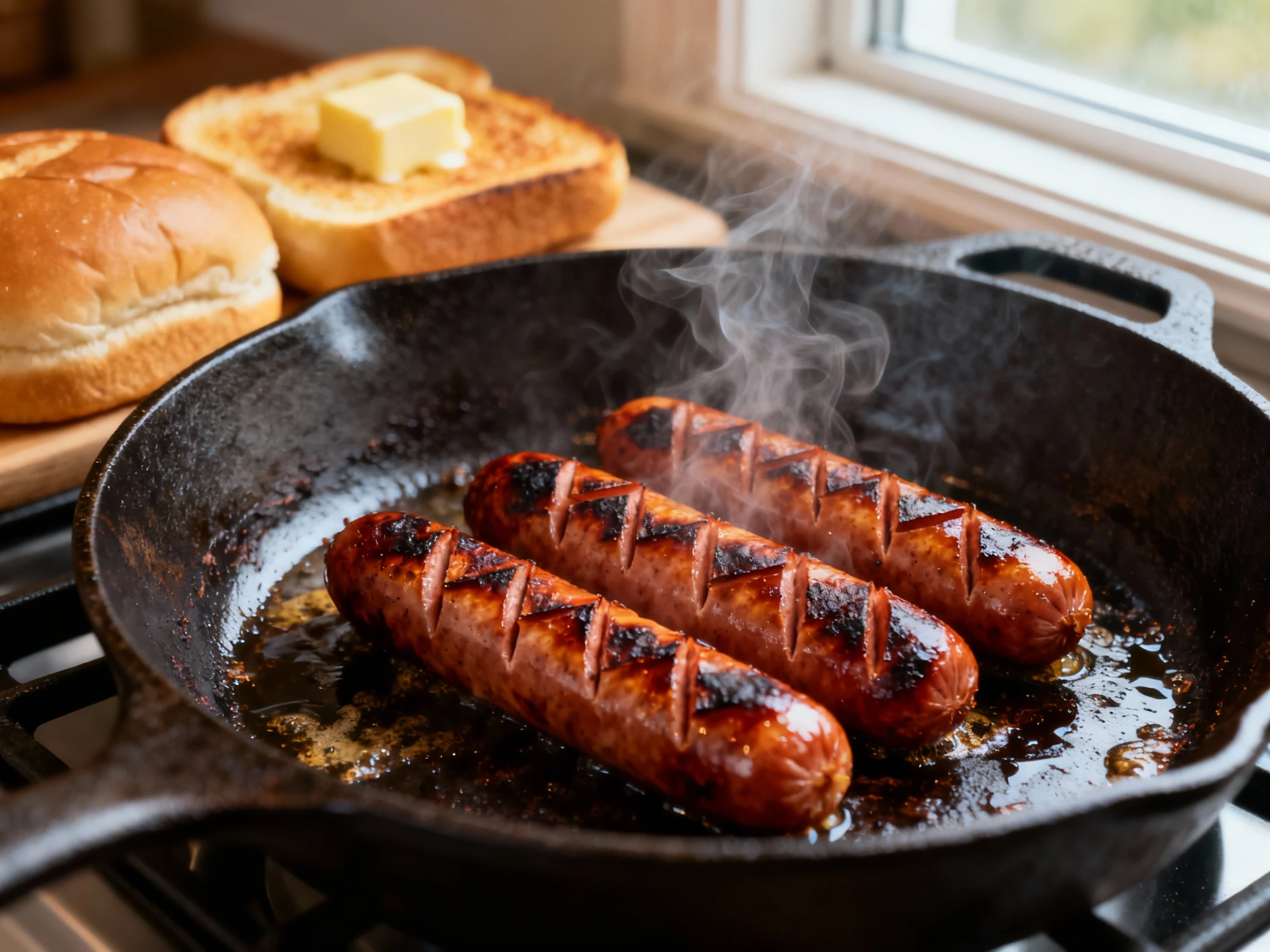 Food photography, Close-up cooking process: scored hot dogs blistering in a cast-iron skillet, deep mahogany char, gentl