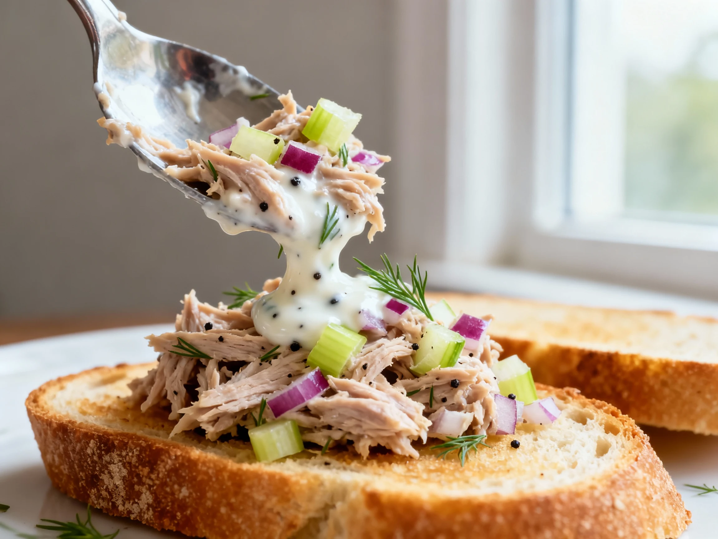 Food photography, 1. Close-up of flaky tuna salad being spooned onto golden toasted sourdough: silky mayo–Greek yogurt b